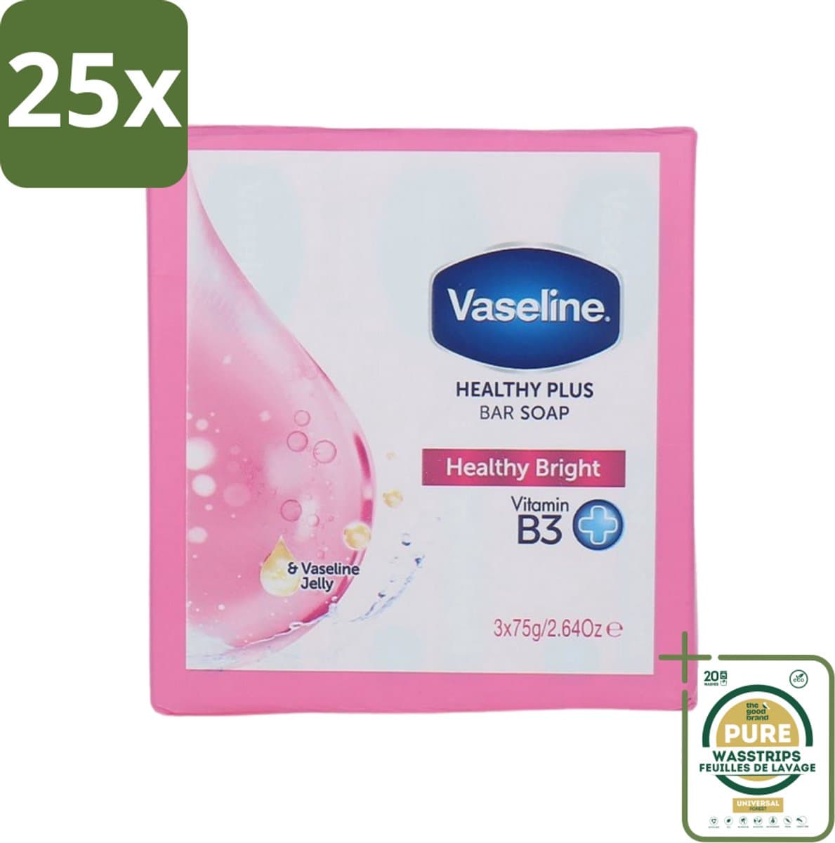 25 x Vaseline - Healthy Bright - Zeeptablet - Reinigend & Verzorgend - 3x75 ml - Grootverpakking - Zeep - Huidverzorging - Reiniging - Gezond Huid - Gezondheid