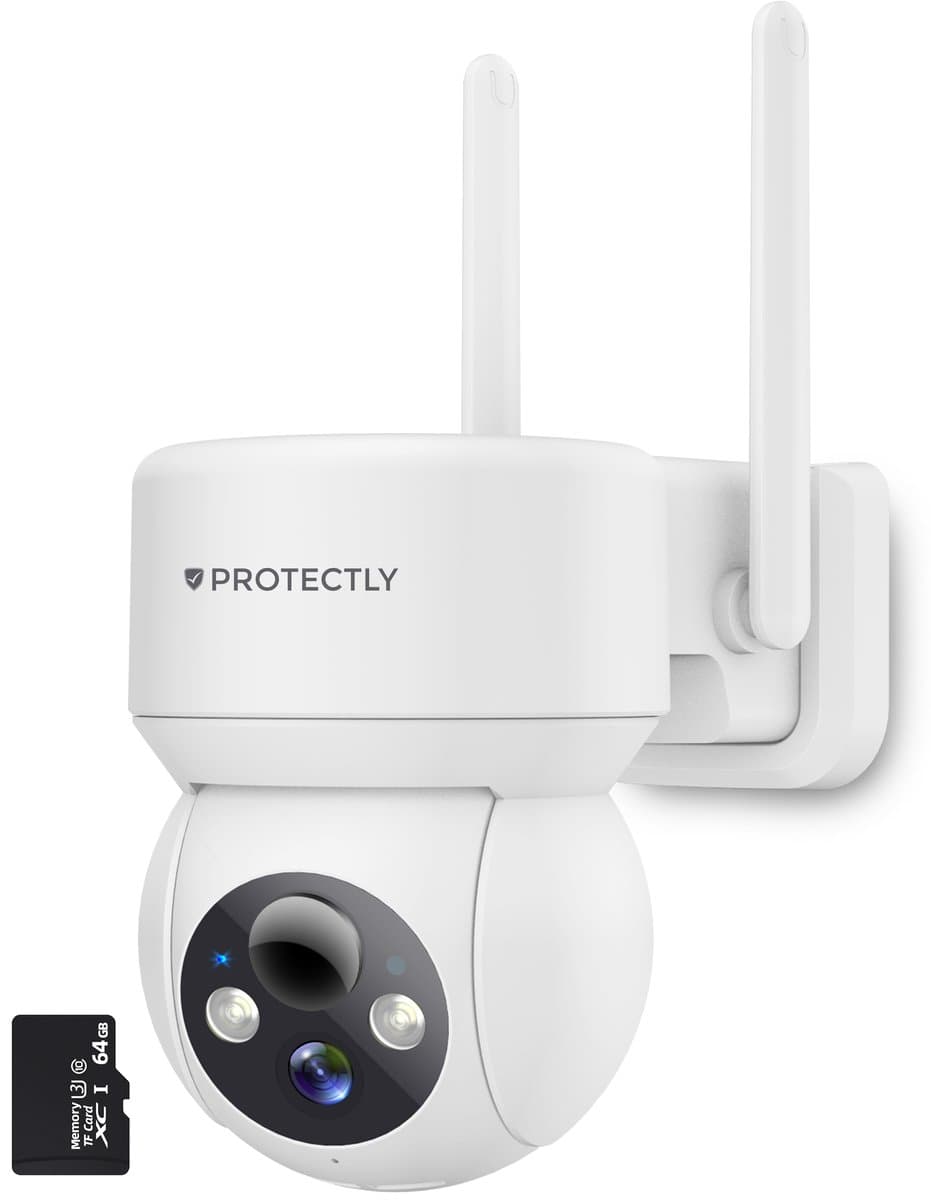 Protectly® Bewakingscamera Voor Buiten – 2K HD 3MP - 64GB SD - Buiten Camera Met Nachtzicht – Buitencamera - Beveiligingscamera Buiten - Met WiFi en APP 2.4/5 GHz