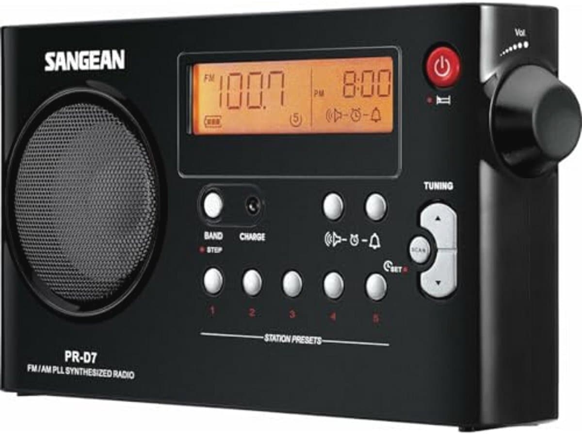 Sangean PR-D7 Portable Radio (FM/MW Tuner, Headphone Jack, Wake Up Function, Main/Battery Operation) Black