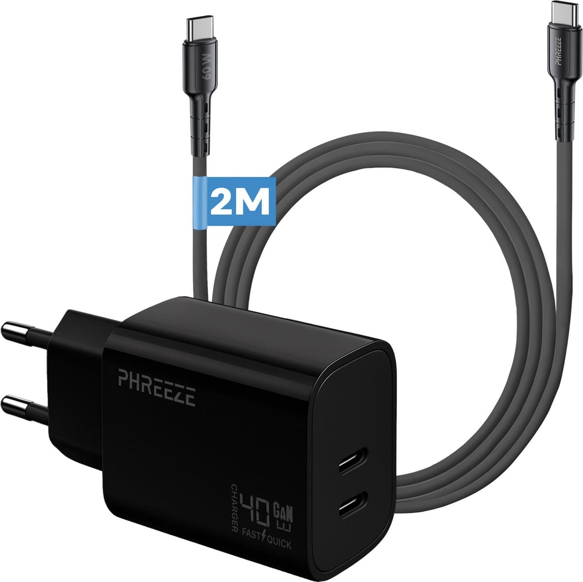 Usb C oplaadstekker 2 poorten 40w - Usb C kabel 2m - Usb C naar usb C - Dubbele usb adapter 2 poorten