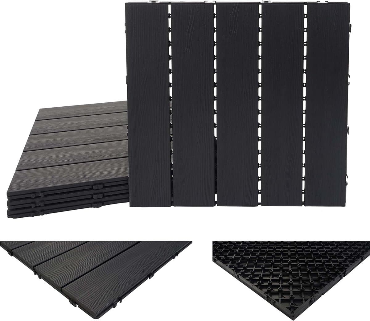WPC Vloertegels Houtlook Antraciet - 1m² Set - 3D Reliëf voor Balkon en Terras
