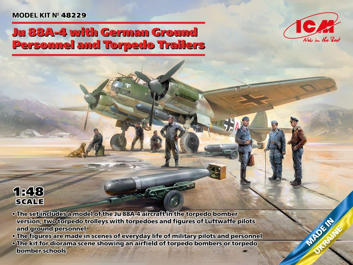 ICM Modelbouwpakket Militaire voertuigen - 48229 Ju 88A-4 w/German Ground Personnel - Torpedo Trailers Plastic - 1:48 - Modelbouw