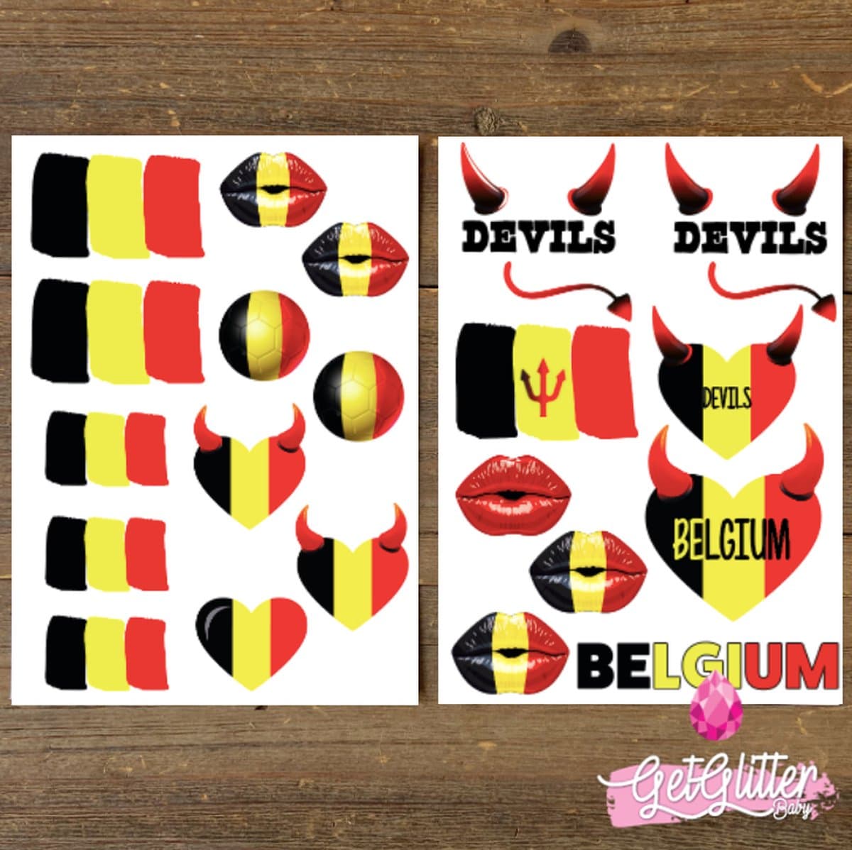 GetGlitterBaby® - Plak Tattoos Voetbal / Tijdelijke Tattoo Sticker / Nep Tatoeage / Gezicht en Lichaam Schmink Versiering - België / Belgische Vlag / Duivels / Devils - 2 stuks