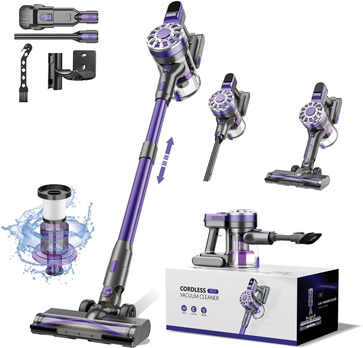 Avalue 6 in 1 Steelstofzuiger Draadloos - Stofzuiger zonder zak - 180W - 40 min Gebruikstijd - Paars