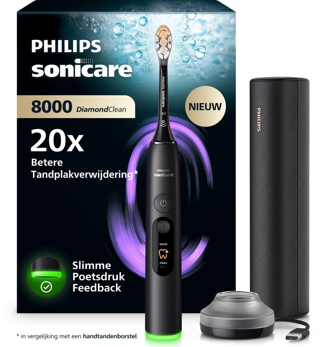 Philips Sonicare DiamondClean 8000 Elektrische Tandenborstel - Slimme Poetsdruksensor, Persoonlijke Coaching, Wittere Tanden & Gezonder Tandvlees - Zwart - HX8311/12