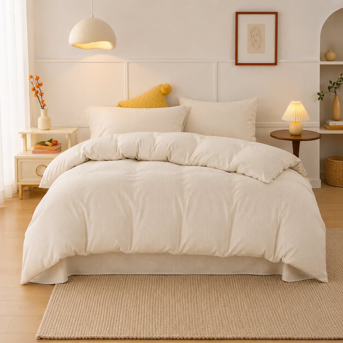 MeiLun Home Soft Living Beddengoedset 4-delig – 140 x 200 cm + 32cm Hoeslaken – Cream Beige – 100% Gewassen Katoen – incl. Dekbedovertrek, Hoeslaken, 2 Kussensloop + Gratis Hoofdkussen