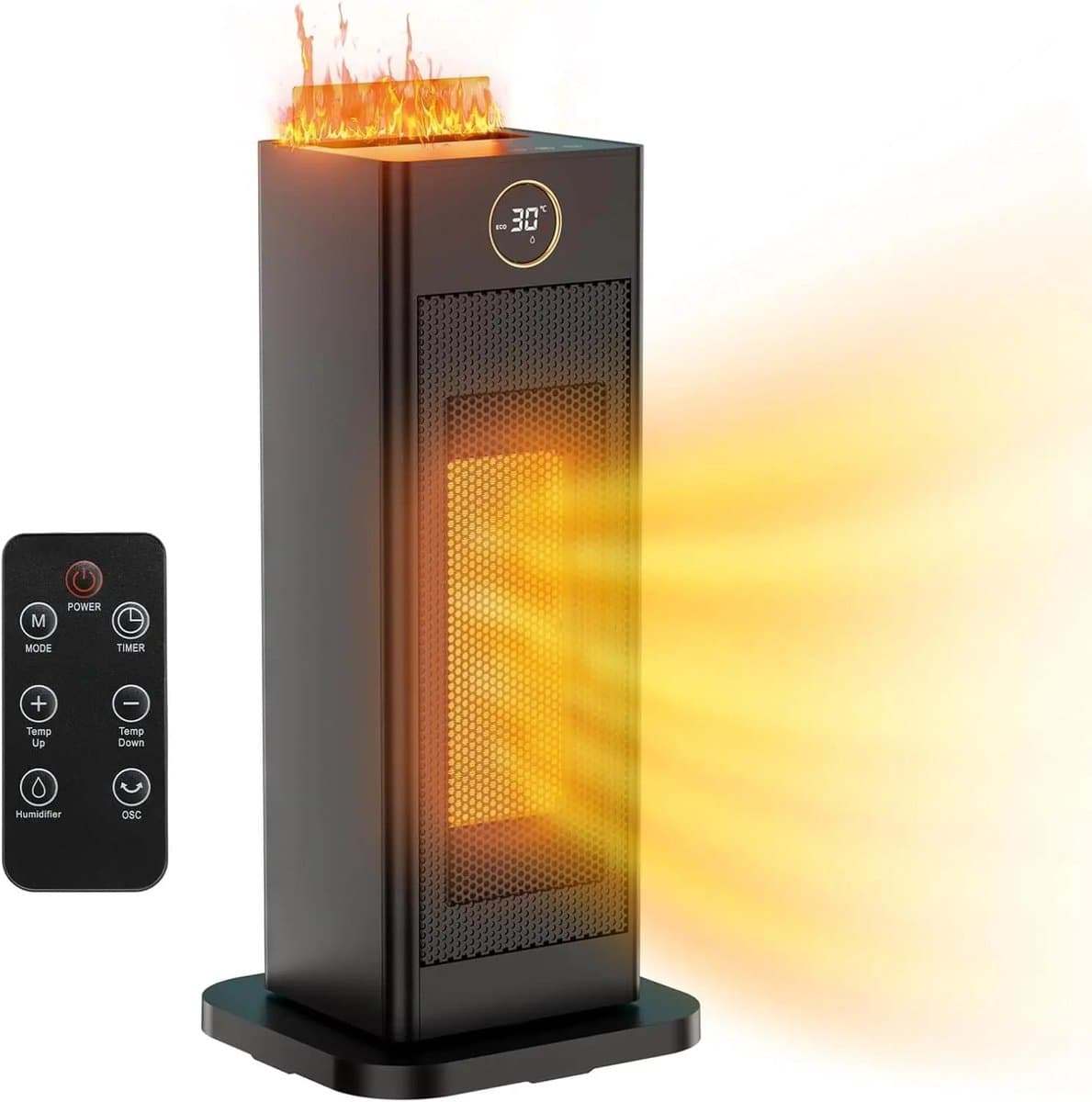 Innovastore Ventilatorkachel - Elektrische kachel - 2-1 Ventilator - Luchtbevochtiger - Afstandsbediening - LED-vlamlicht - Zwart