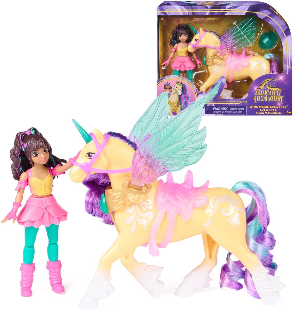 Unicorn Academy - Ava & Leaf met Vleugelmagie - Beweegbare Pop 11,4 cm en Gevleugelde Eenhoorn 12,7 cm - Inclusief 4 Accessoires - Poppen- en Eenhoornspeelgoed