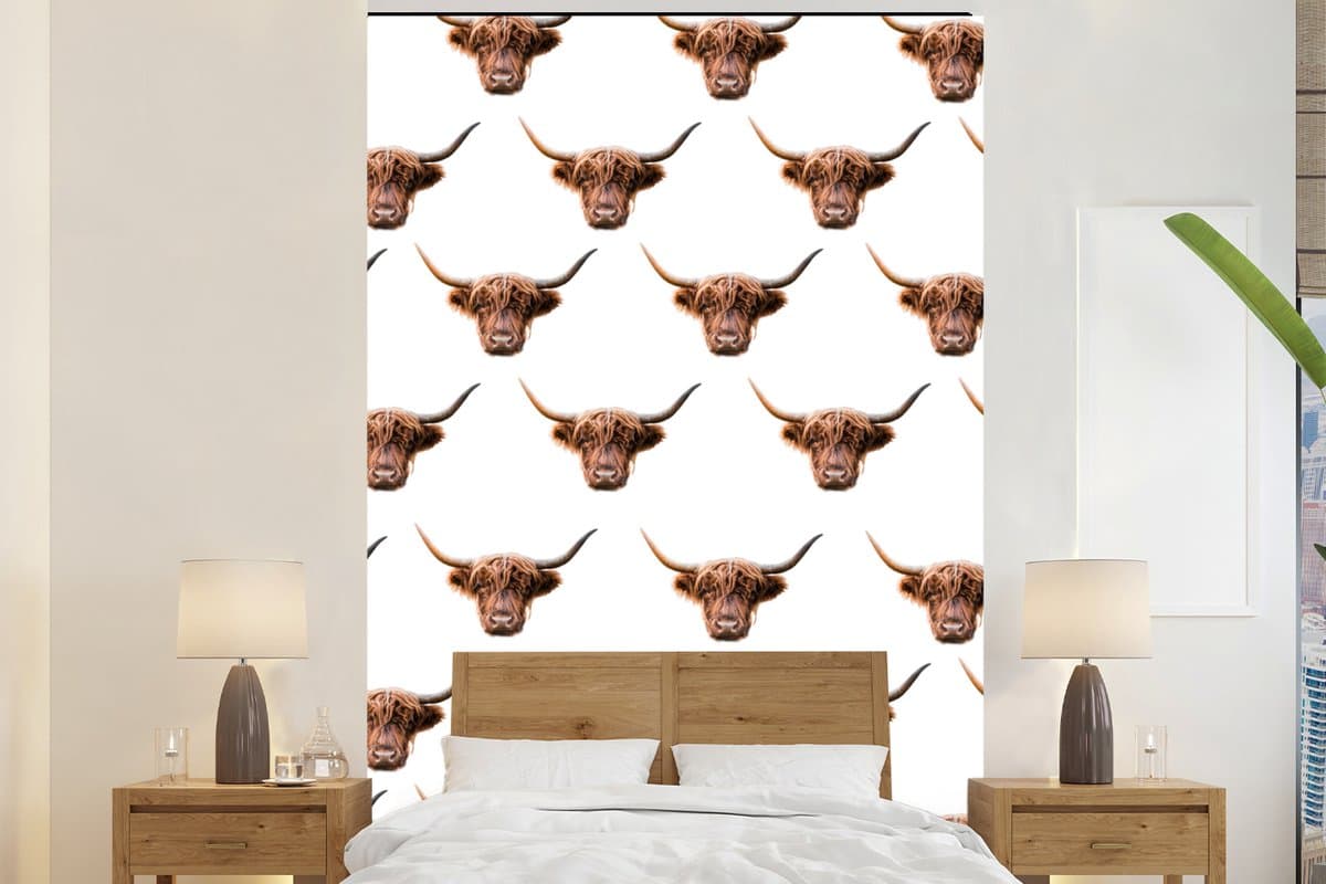 Behang - Fotobehang Patroon - Schotse hooglander - Dieren - Breedte 225 cm x hoogte 350 cm