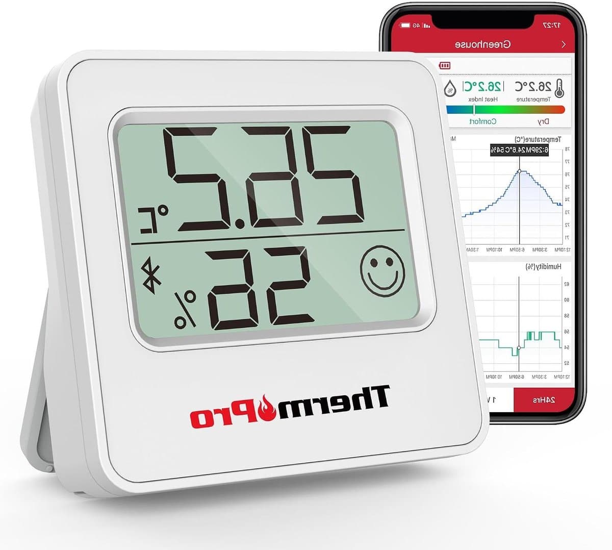 Kamerthermometer Hygrometer - Digitaal Weerstation - Binnenklimaat Monitoren - Bluetooth 80m Bereik - 5.5 cm - Wit