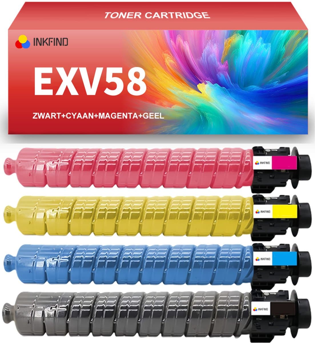 INKFIND EXV58 Zwart/Cyaan/Magenta/Geel tonercartridge compatibel met Canon C-EXV58 EXV58 geschikt voor Canon imageRUNNER ADVANCE DX C5870i/C5860i/C5850i/C5840i - 4-pack BKCMY