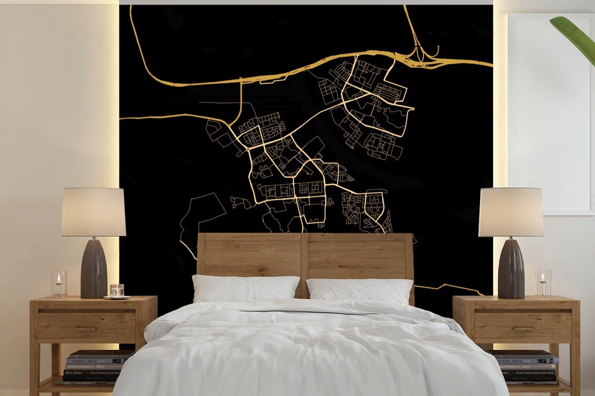 Behang - Fotobehang Kaart - Spijkenisse - Goud - Zwart - Breedte 350 cm x hoogte 350 cm