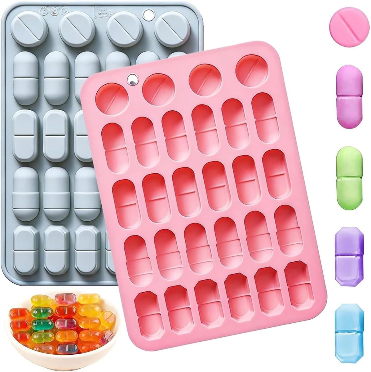 Mini snoepvormen siliconen, 2 stuks voor capsules en tabletten, gummibeervorm, pralinevorm voor chocolade, gelei, gietvormen en zeepvormen met veelzijdig gebruik