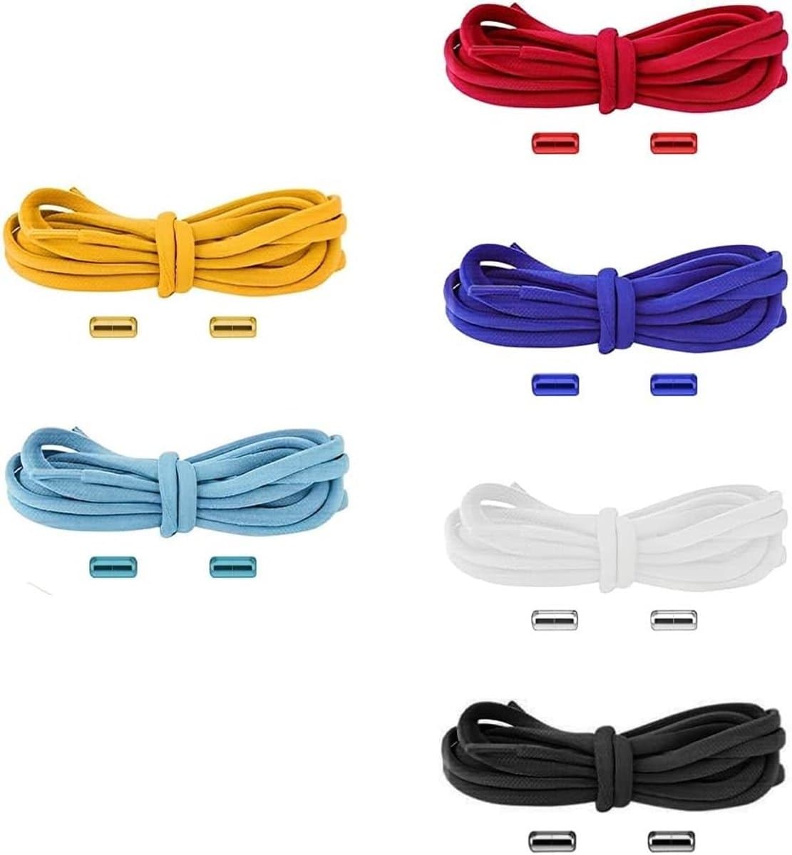 Elastische Veters zonder Knopen, 6 Kleurvarianten, Met Metalen Sluiting, Geschikt voor Kinderen en Volwassenen, Ideaal voor Sportschoenen, 105 cm Lang, Comfortabel en Praktisch