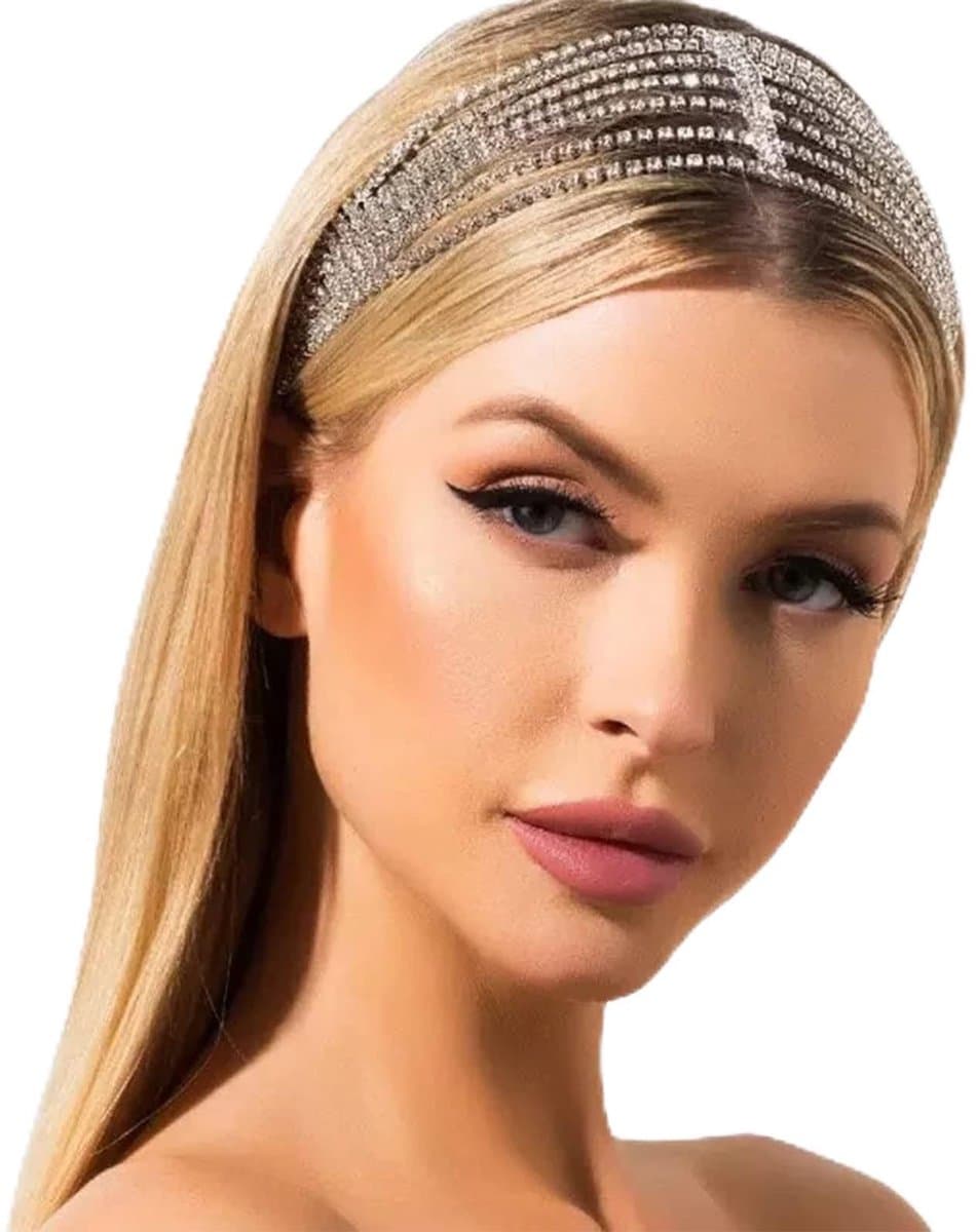 Dailygoods- Hoofdketting Zilveren Strass - Meerlagige Haarsieraden - Elastische Hoofdband - Bruids Hoofddeksel - Geschikt voor Feesten - Elegante Uiterlijk - Haarsieraad
