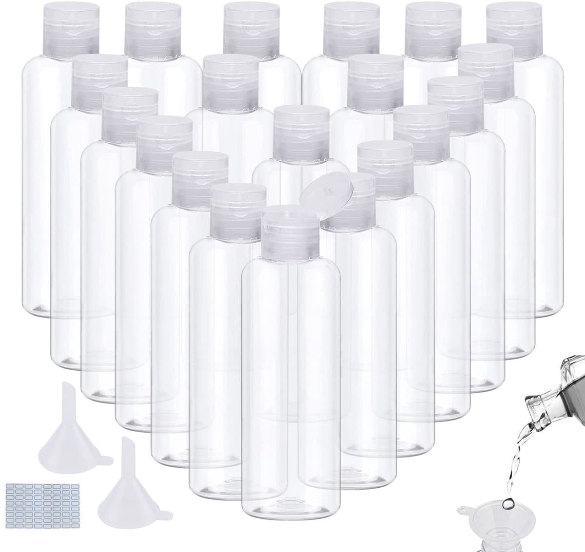 Ronte - Set van 20 reisflessen 100 ml voor shampoo, conditioner, lotion - Inclusief trechter en etiketten