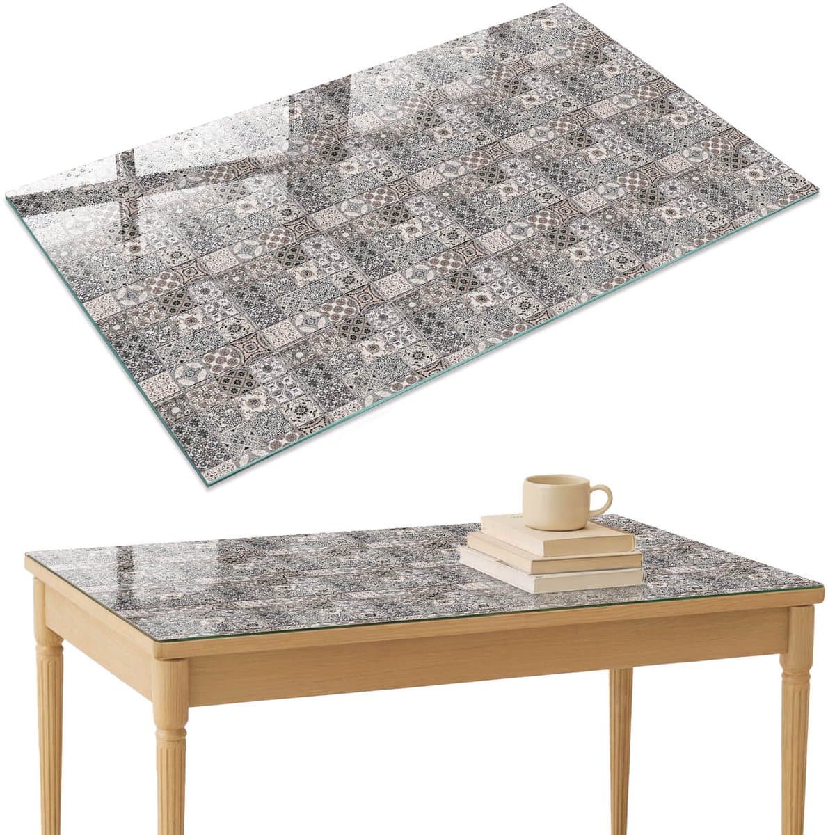ArtPrintCave Vintage mozaïek Glazen Tafelblad 120x80 cm - Tafelblad Rechthoek - Grijs Tafelblad Glas - Achtergronden en patronen Keukentafel