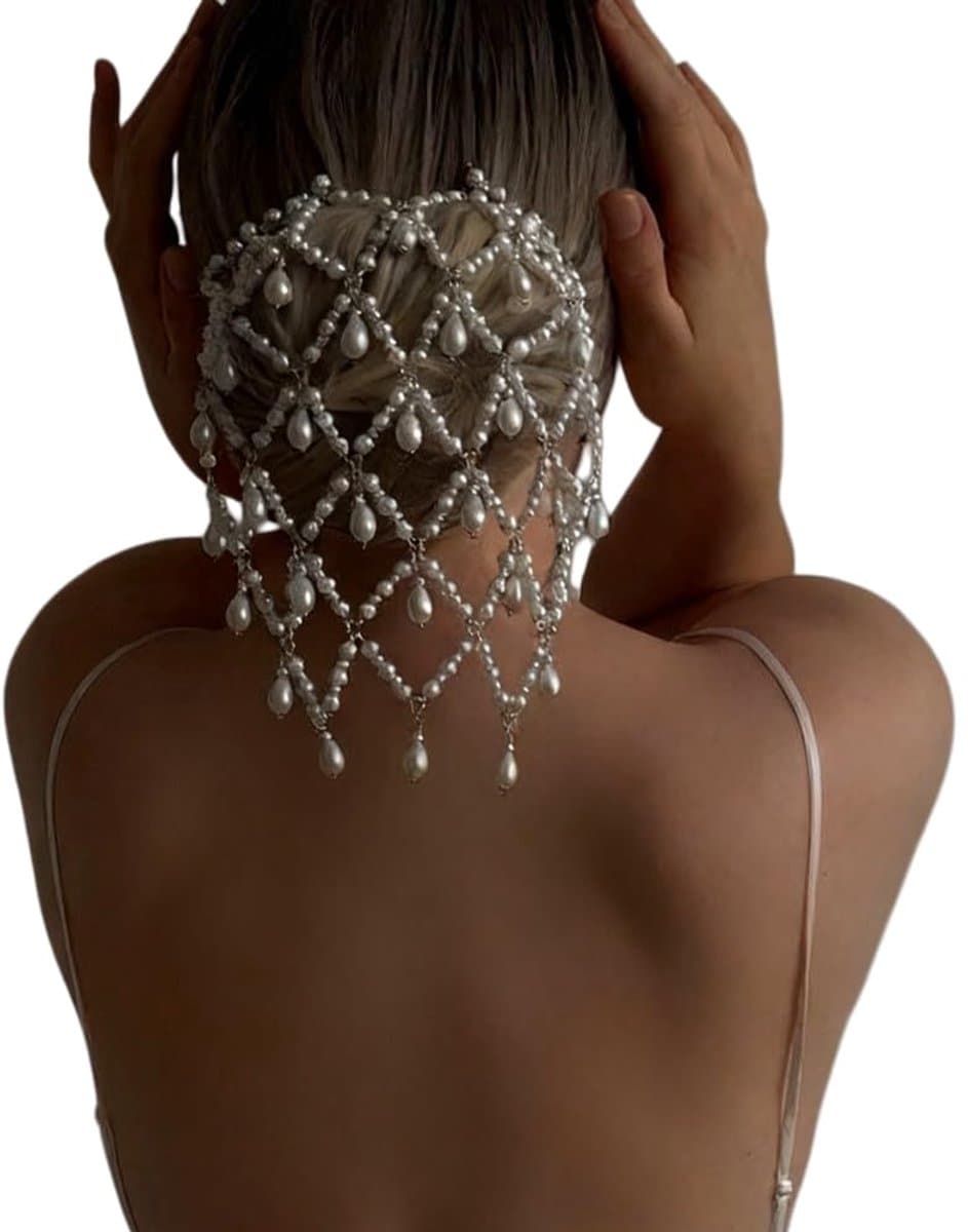 Bruidshaaraccessoires: Parelhaarnetje met hangertjes, elegant gaasontwerp voor bruiloften en feestelijke gelegenheden.