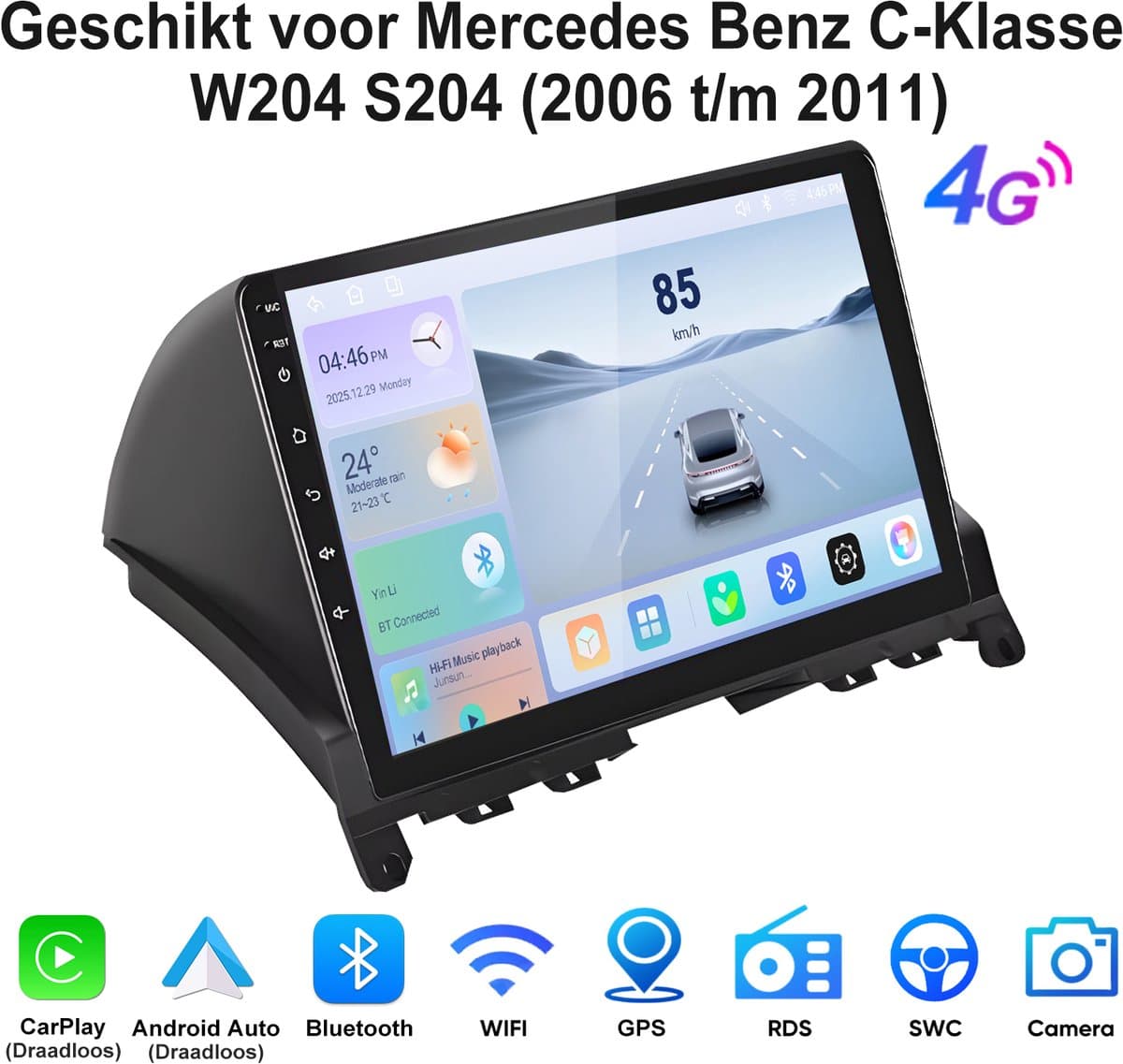 JUNSUN Android 15 Draadloos CarPlay & Android Auto Autoradio - 8GB+256GB - Geschikt voor Mercedes Benz C-Klasse W204 S204 (2006 t/m 2011) - Bluetooth - 9 Inch IPS Touchscreen - GPS Navigatiesysteem - DSP -RDS - SWC - WiFi /4G - Octa-core processor