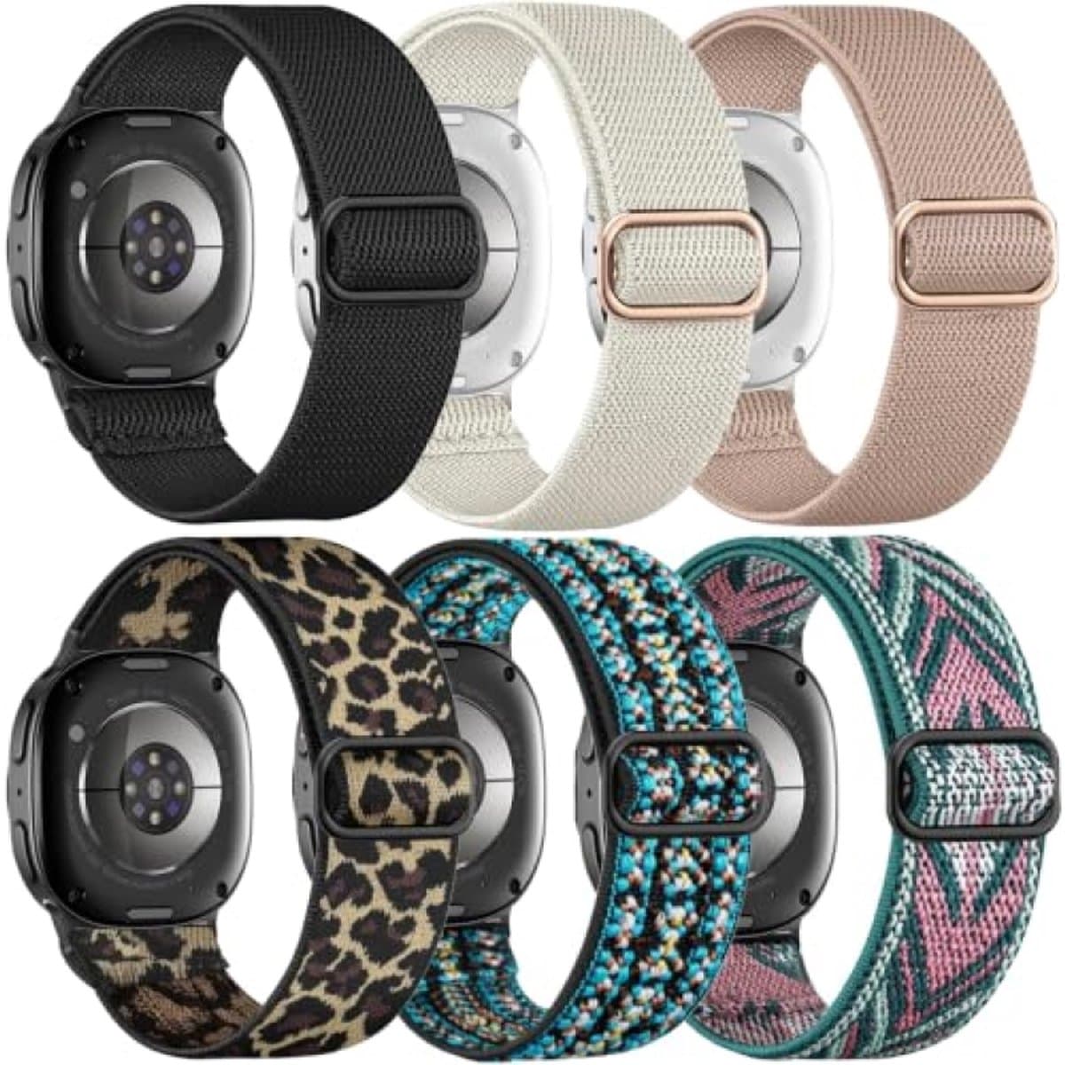 PromoHome 6 stuks elastische nylon armbanden voor Samsung Galaxy Watch 8 (40/44 mm) & Watch 8 Classic (46 mm) - Rekbare reserveband met lus - Zwart/Sterrenlicht/Melkthee/Luipaard/Groene pijl/Doublemint