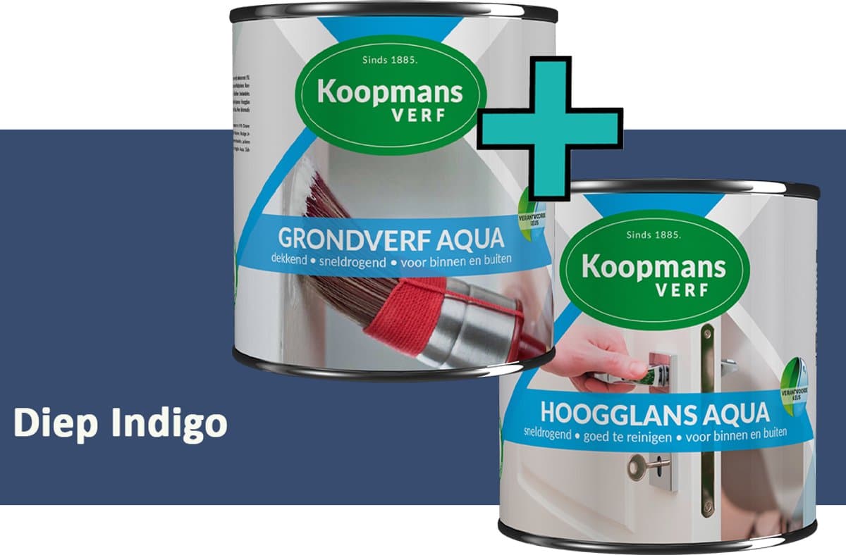 Koopmans Grondverf Aqua en Hoogglans Aqua Verfset - Binnen en Buiten - Diep Indigo - 2x 1,5 l