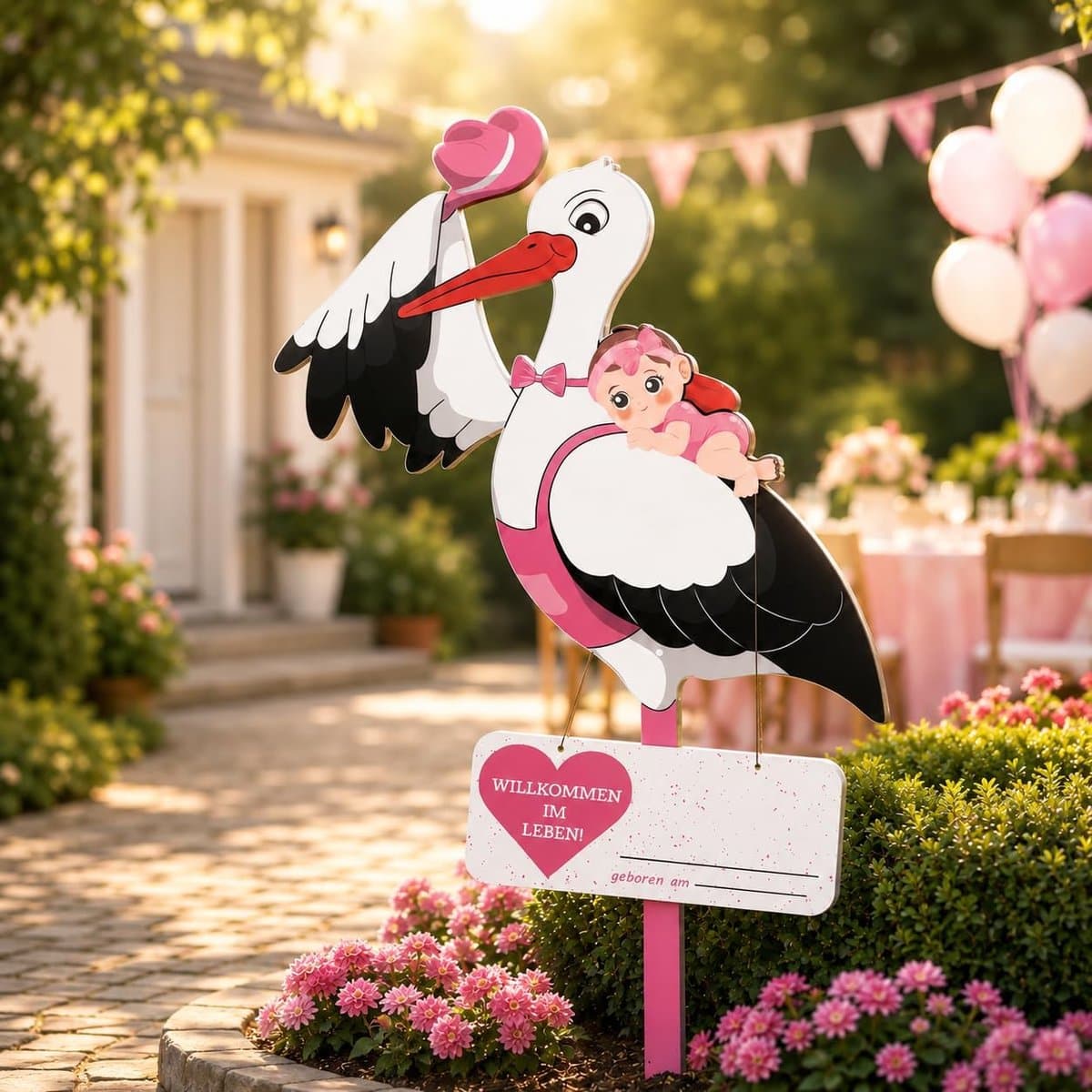 Klepperooievaar voor baby's, roze, klapperooievaar voor geboorte buiten, voor meisjes, grote ooievaar van hout, aan beide zijden bedrukt, geboorteooievaar inclusief houten stok + naambordje en