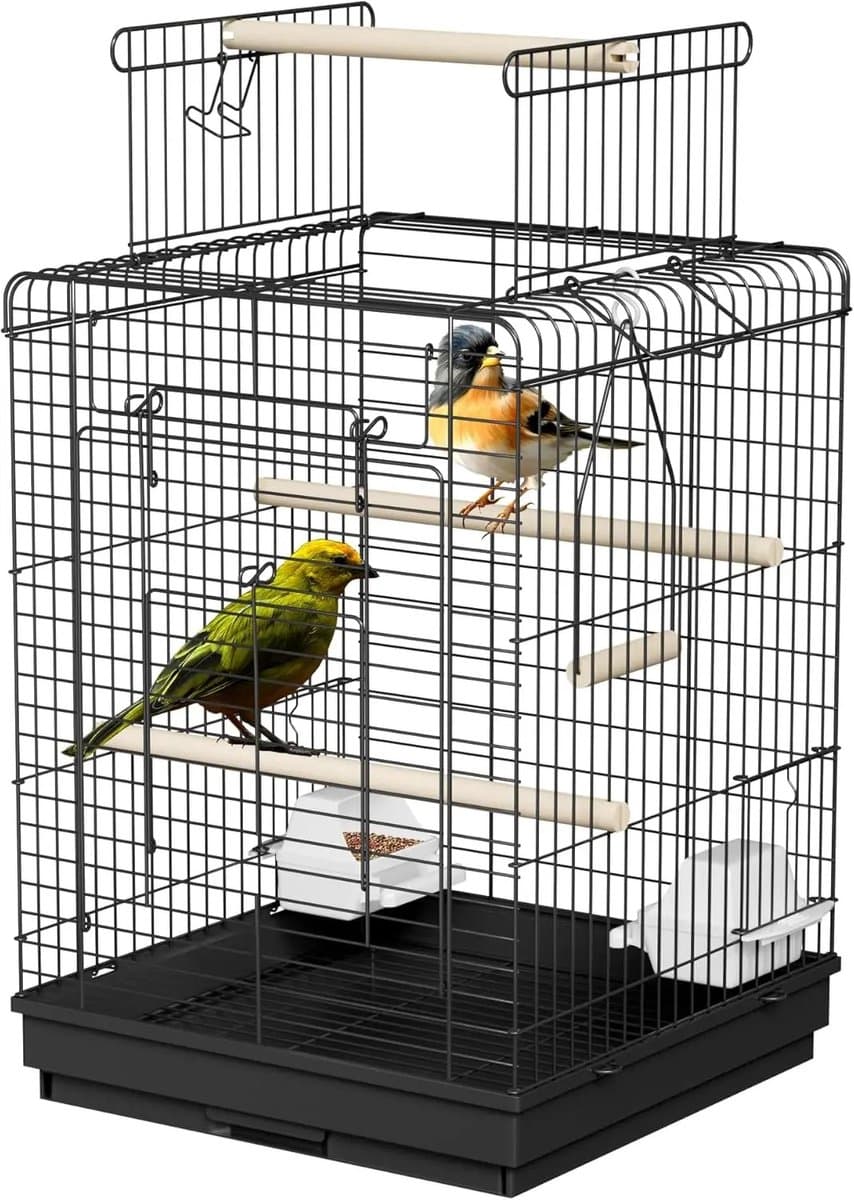 Nutrella Vogelkooi - Parkietkooi -Vogelvolière- Dakopening -Zitstokken- Voerbak - Schommel- Afvalbak - 40 x 40 x 58 cm - Zwart