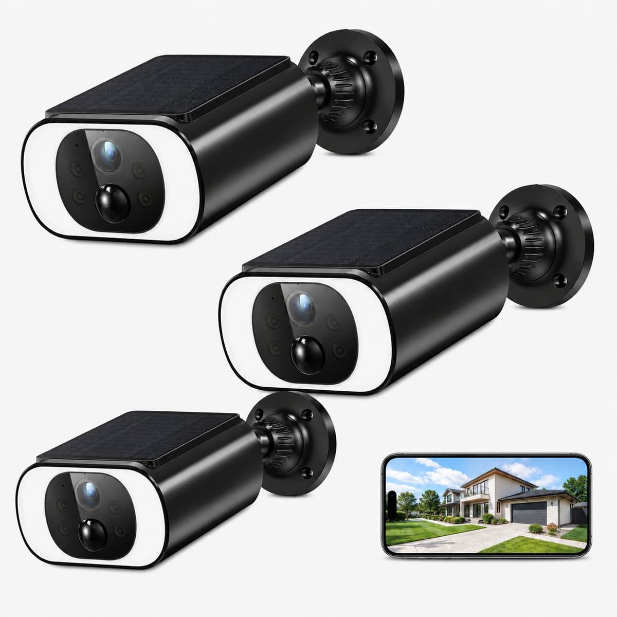 ieGeek 5 MP HD-bewakingscamera voor buiten met accu en zonnepaneel, IP-camera voor buiten op zonne-energie met schijnwerper, PIR-bewegingsdetectie, 2,4 GHz wifi 3pcs