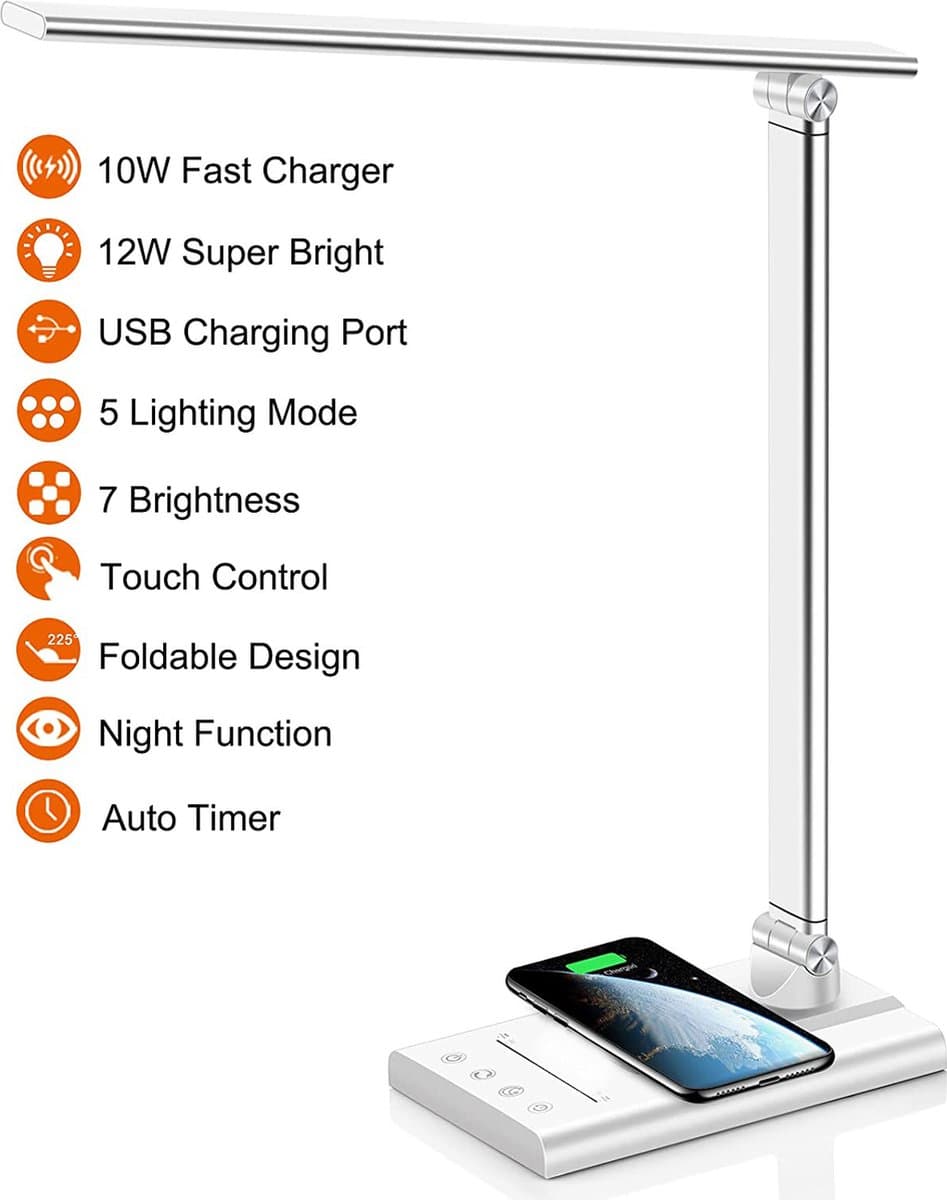 Fuegobird EK010 LED Bureaulamp – Bedrade – Draadloos Opladen Voor Telefoon – Dimbaar – Opvouwbaar – Smart Touch - 10W snel opladen - Qi Technologie - Zilver(met adapter)