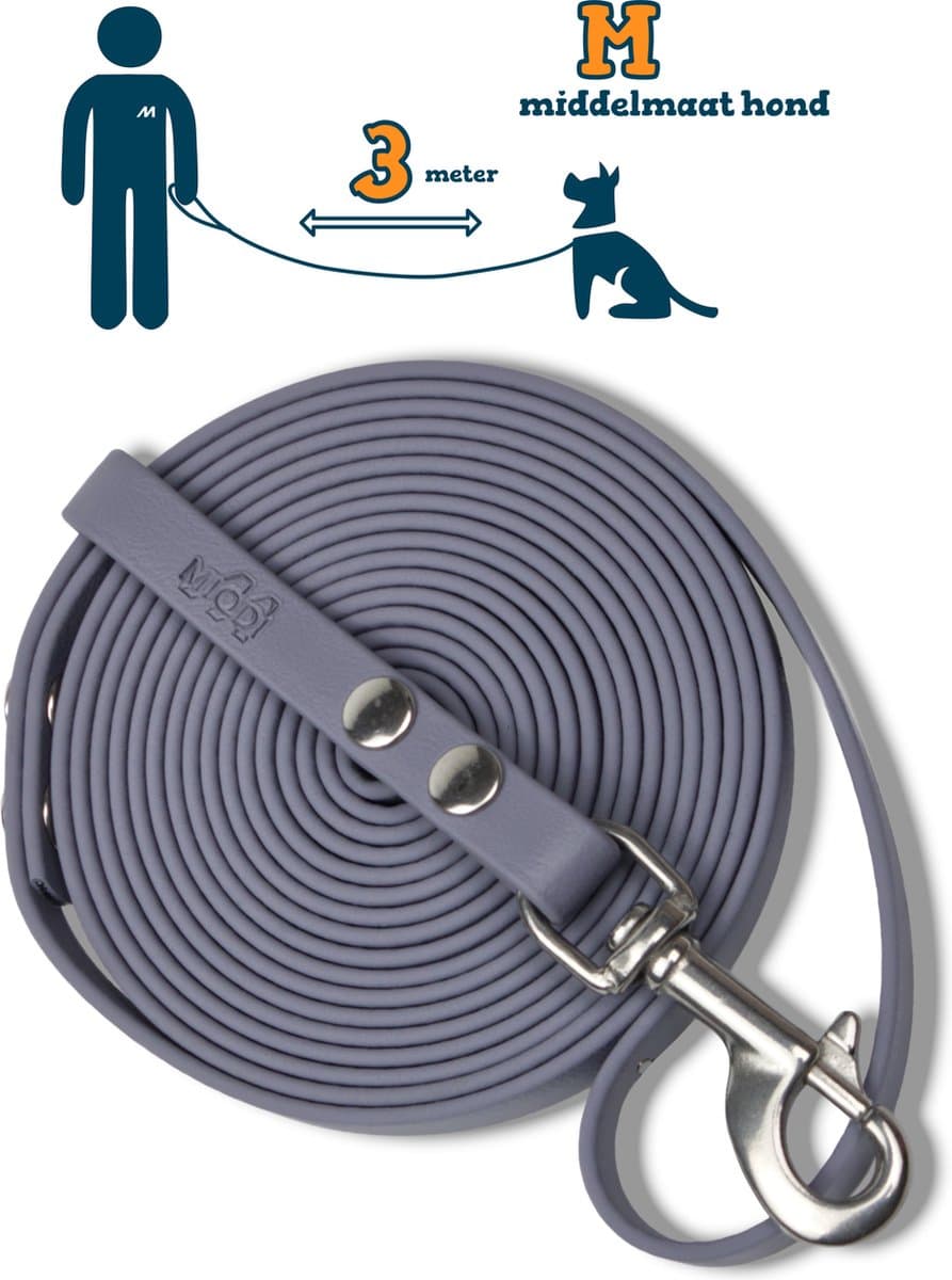 Miqdi hondenriem - BioThane® – grijs – 3 meter lang – 13mm breed – M – middelmaat hond