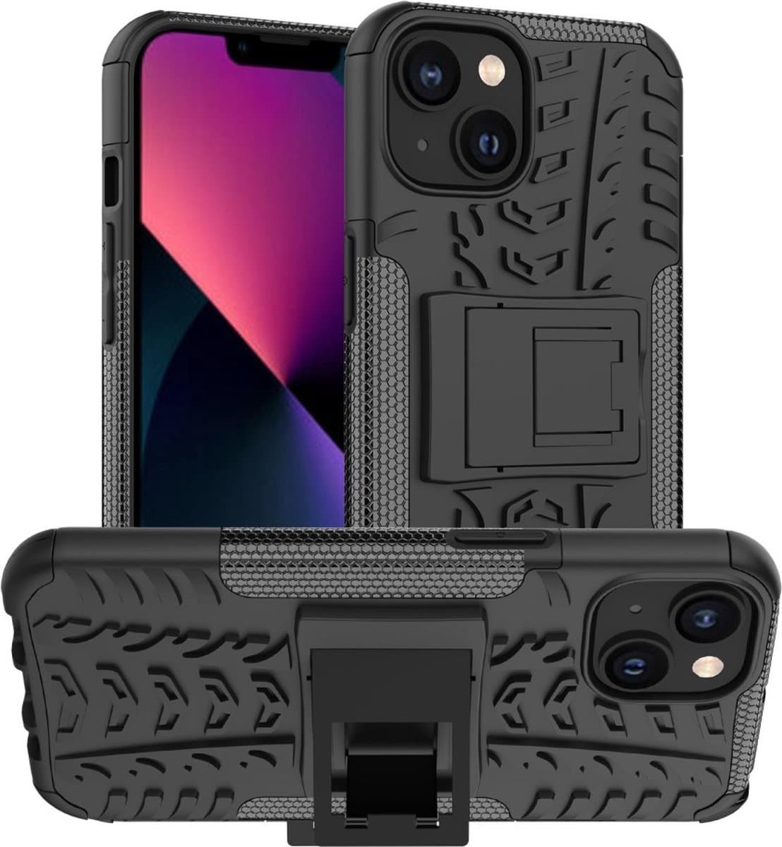 Peachy Shockproof Kickstand anti-slip kunststof en TPU hoesje geschikt voor iPhone 15 - zwart