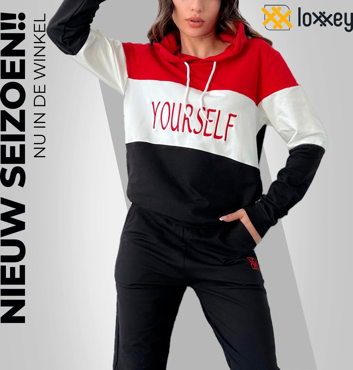 Loxxey® - Katoen - Yourself - Vrijetijdspak - Joggingpak - Huispak - Home Wear - Hoodie - Trainingspak - Tracksuit - 1 Set (2 Delig) - Dames - Maat 4XL - Rood / Zwart