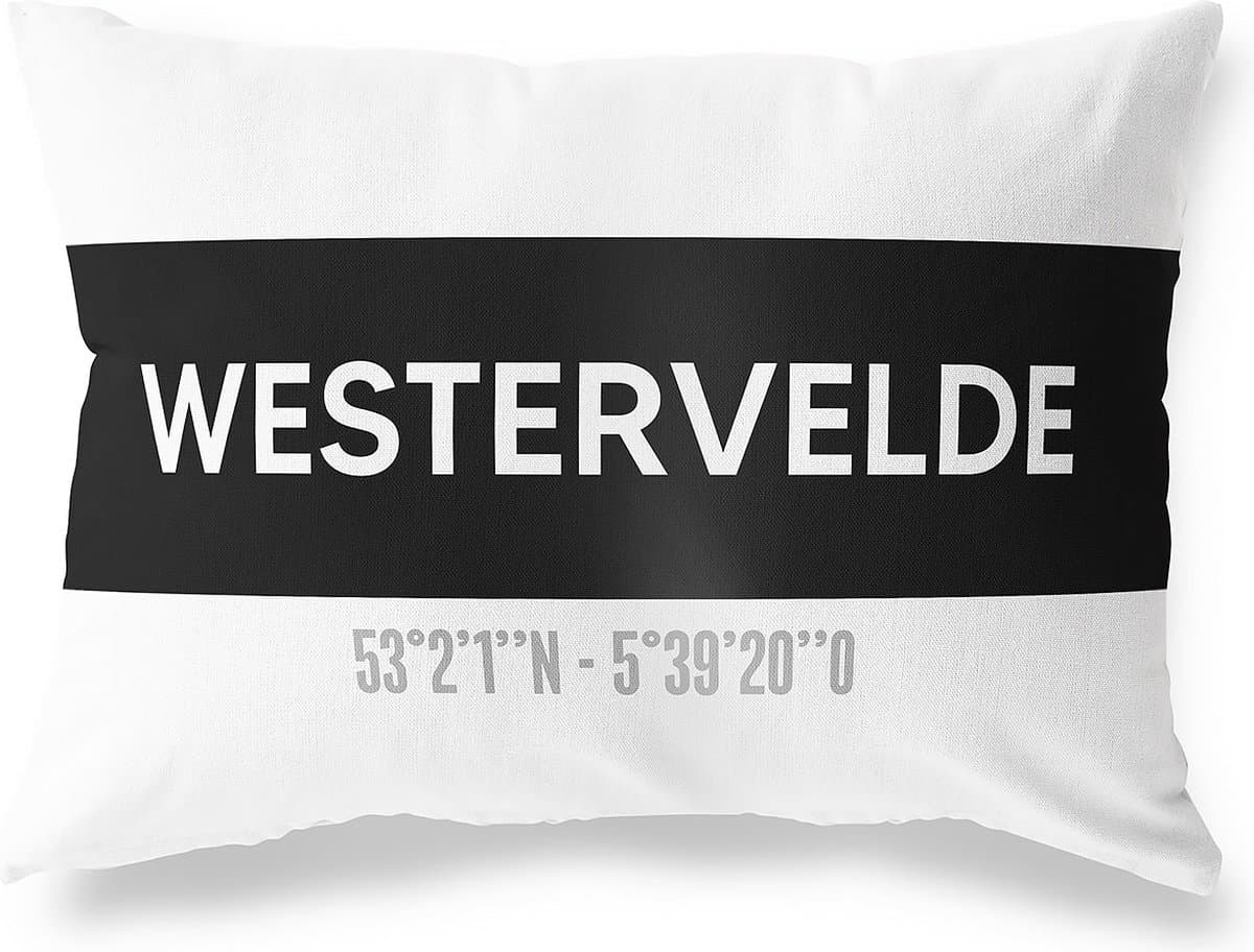 Tuinkussen WESTERVELDE - DRENTHE met coördinaten - Buitenkussen - Bootkussen - Weerbestendig - Jouw Plaats - Studio216 - Modern - Zwart-Wit - 50x30cm
