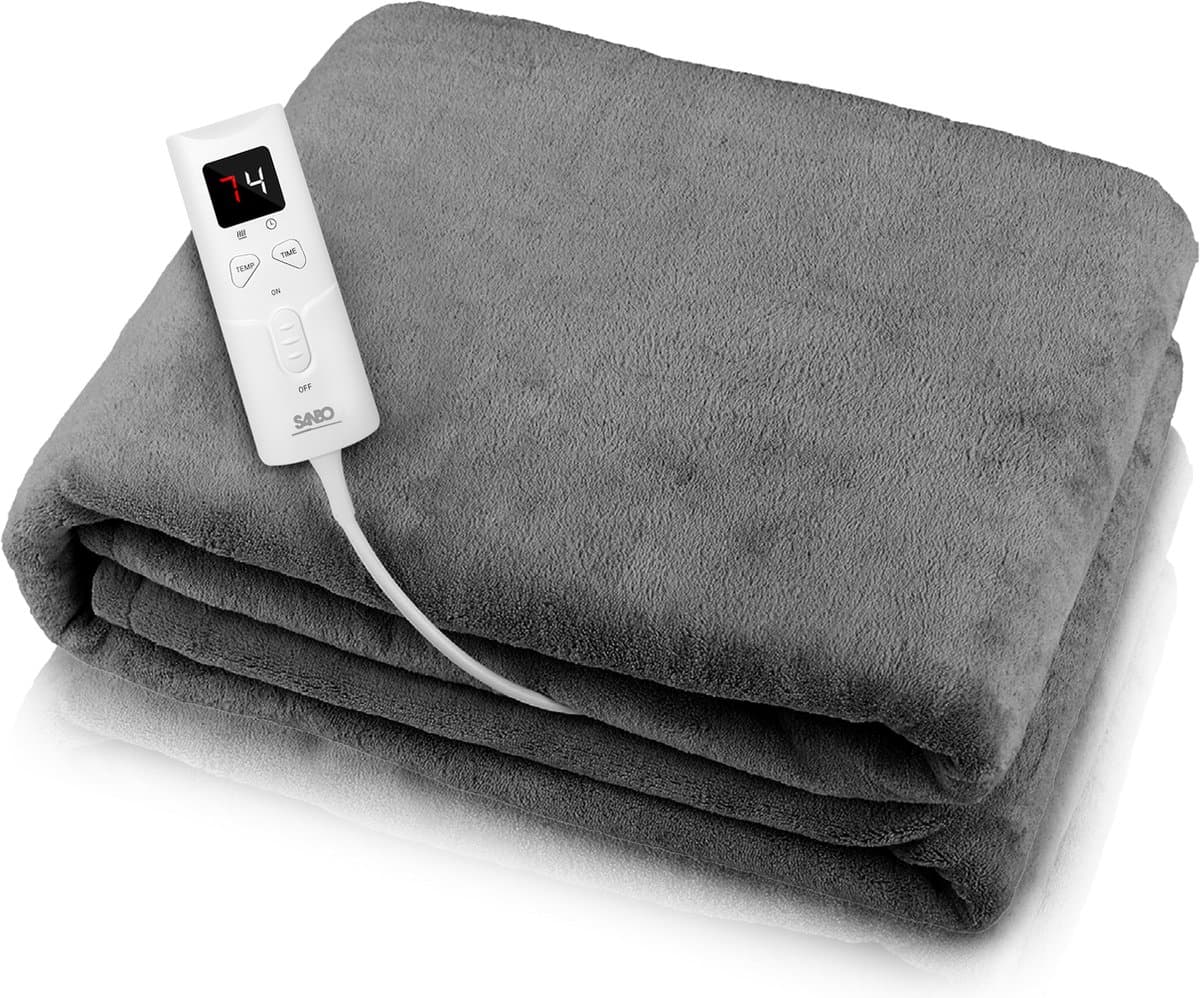 Sanbo Elektrische Deken - 180 x 130 cm - Wasmachinebestendig - Bovendeken - 1 Persoons - 9 Standen - Met Timer - Warmtedeken - Oververhittingsbeveiliging - Antraciet