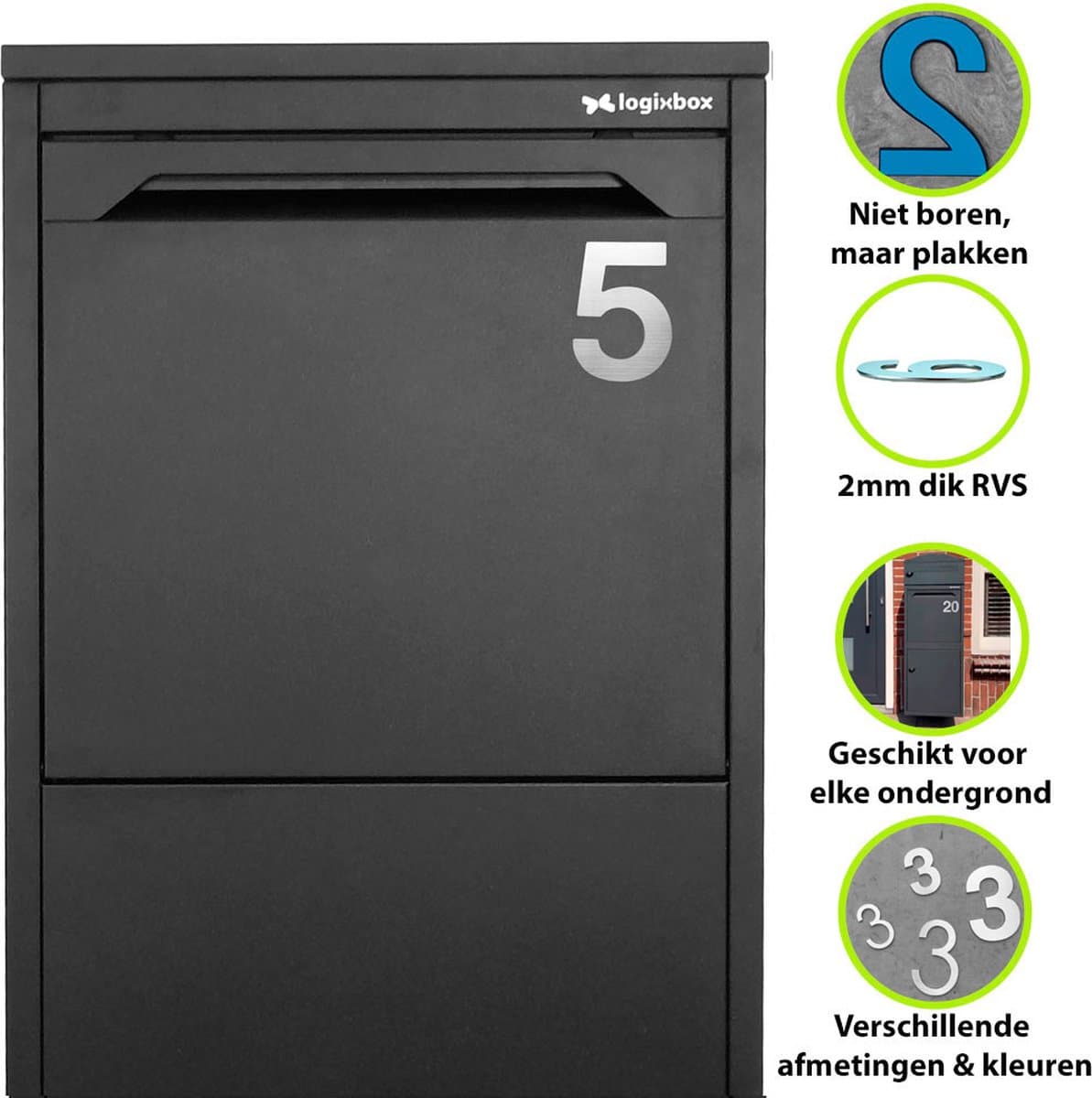Logixbox - Huisnummer 5 - NIET Boren, Maar Plakken - 3M Sticker - Materiaal: RVS - Hoogte: 7,5cm - Type RVS/75/Bold/nr. 5
