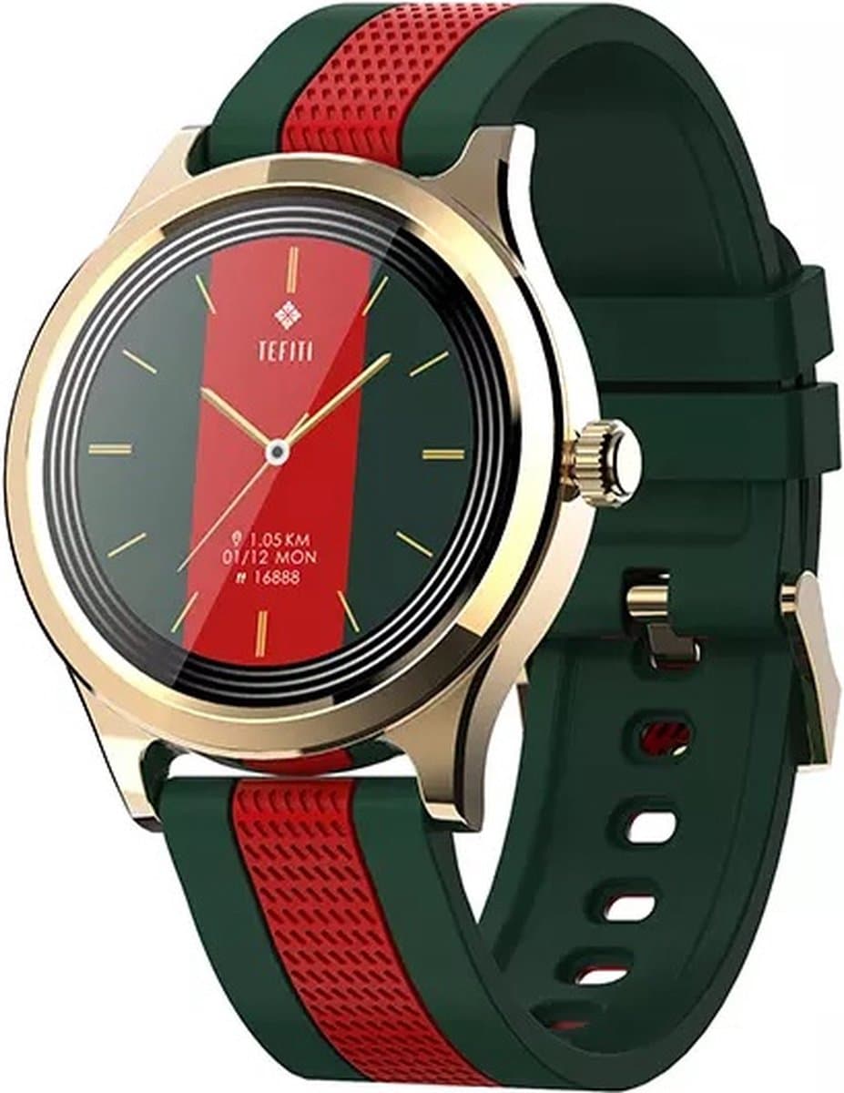 Darenci Smartwatch Majestic – Unisex Smartwatch met Touchscreen – Activity Tracker met Stappenteller, Bloeddrukmeter, Zuurstofmeter & Calorieënteller – Siliconen Band – Rood-Groen/Goud