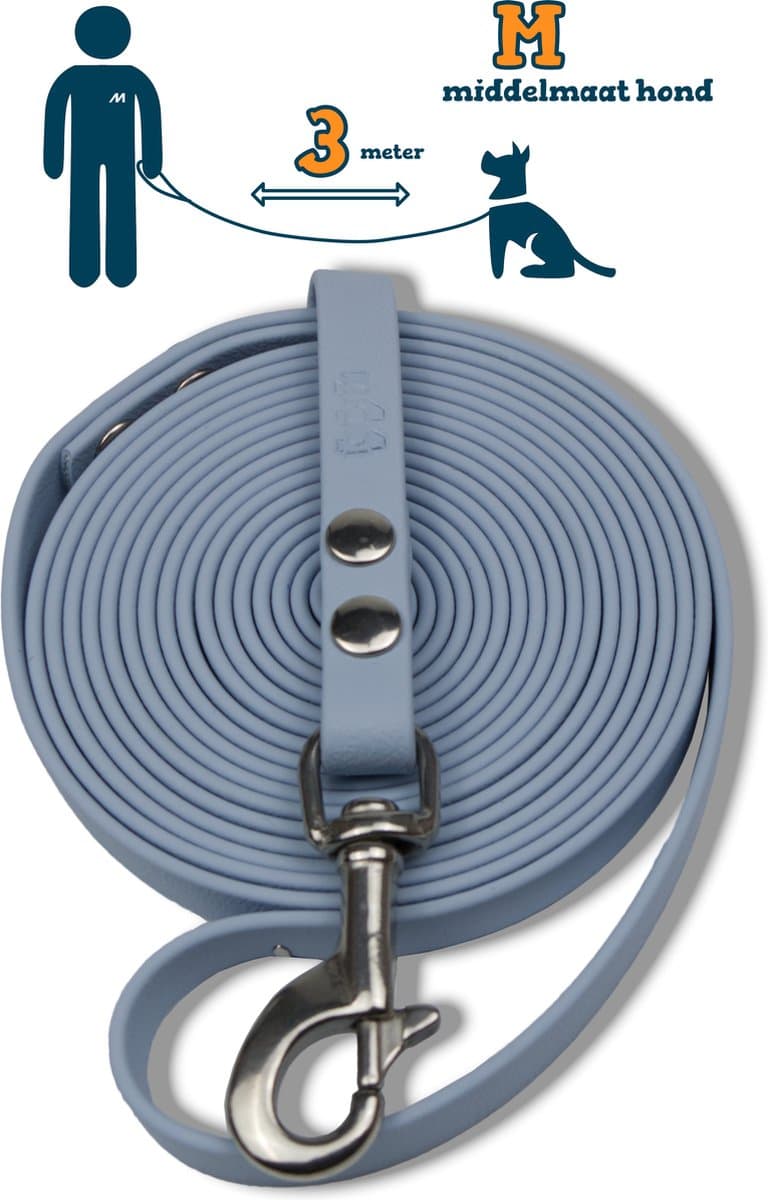 Miqdi hondenriem - BioThane ® - pastel blauw - 3 meter lang - 13 mm breed - M - middelmaat hond