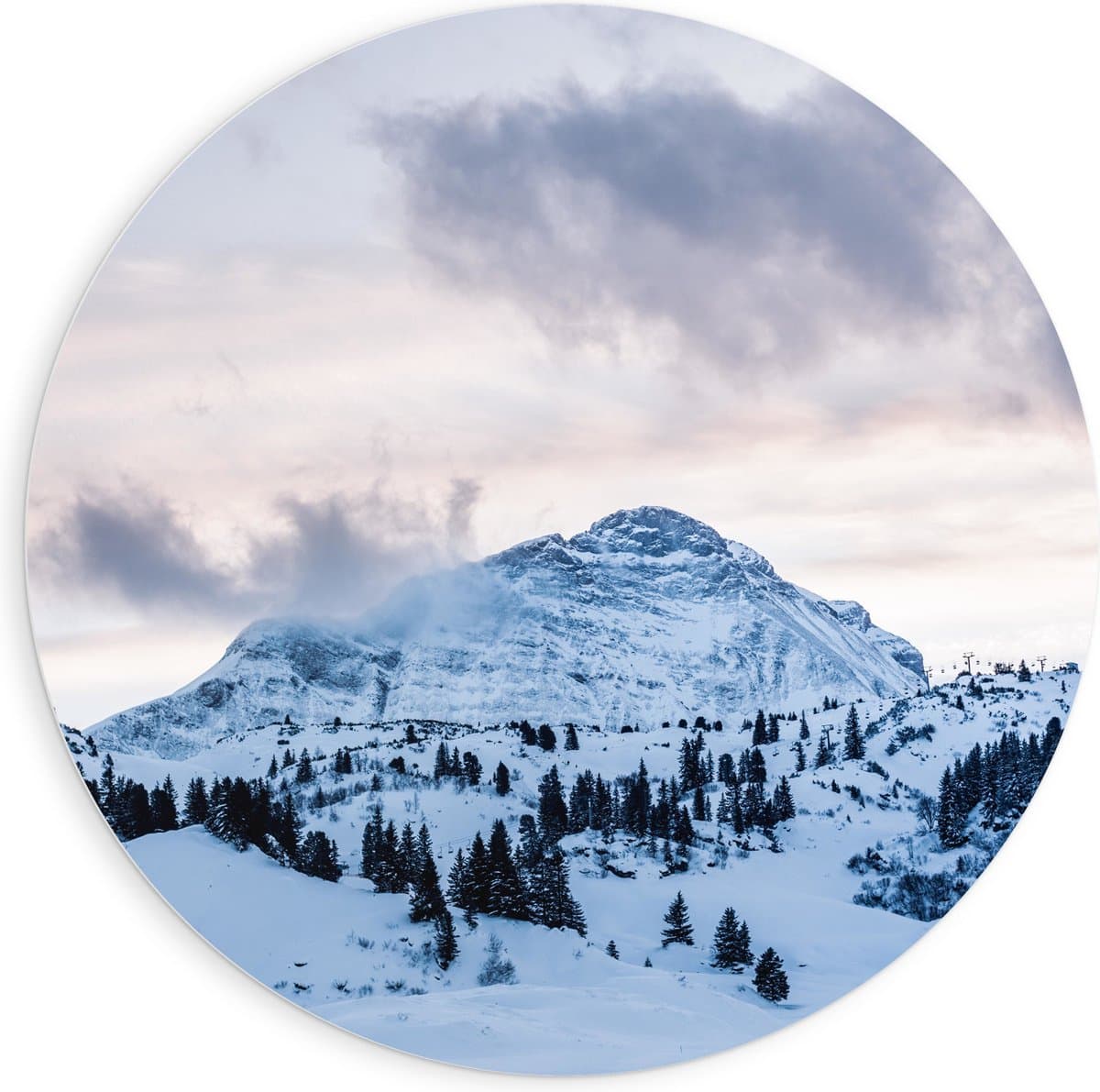 PVC Schuimplaat Muurcirkel - Berg vol met Sneeuw - 90x90 cm Foto op Muurcirkel (met ophangsysteem)