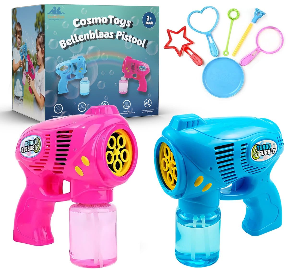 CosmoToys Bellenblaas Pistool – 2 STUKS – Bellenblaasmachine – Speelgoed voor Onderweg - Navulling – Uitdeelcadeaus – Blauw en Roze
