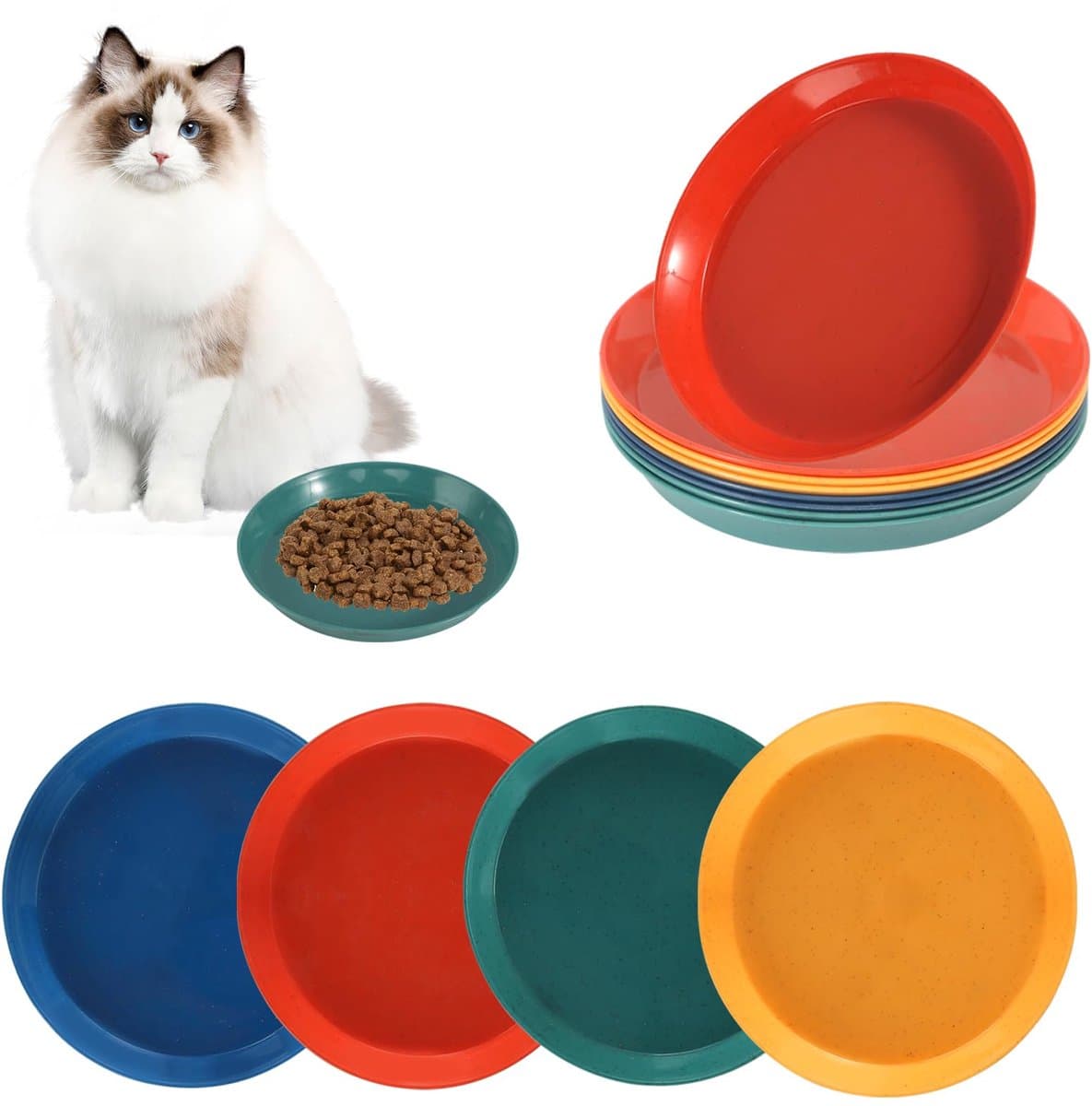 My Ninki ® Vlakke Ergonomische Voerbakken Set voor Katten en Kittens, 8 Stuks, 4 Kleuren, Geschikt voor Korte Poten