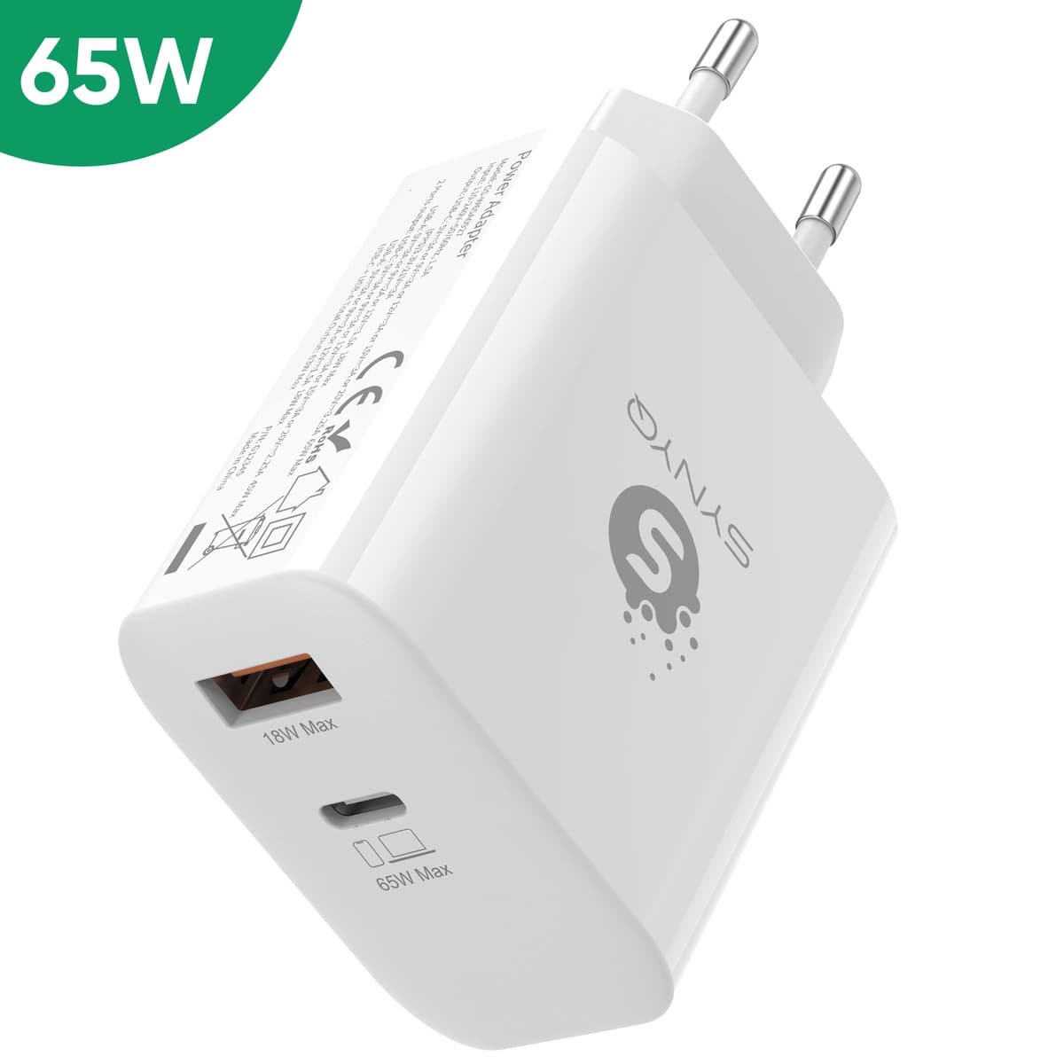 Synyq 65W GaN2 Super Snellader - 2 Poorten - Gecertificeerd - USB Adapter - Snellader usb c - Usb c lader - Usb c oplader - Usb c adapter