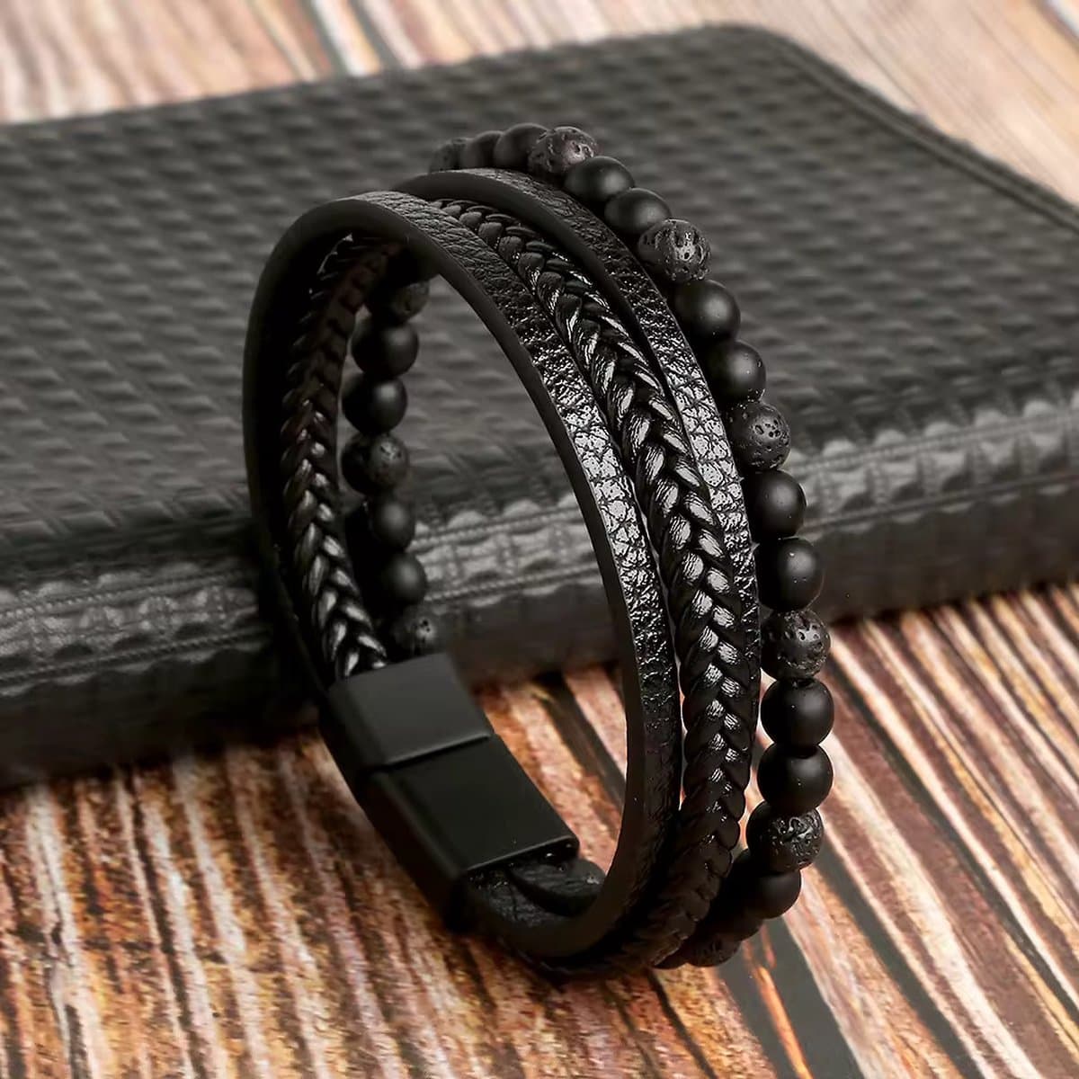 KHRONOX® Armband, Armband Heren, 21 cm, ZWART, Natuurstenen, Armbanden, Leren Armband Heren, Leren Armband, Leren Armbanden, Armbandje, Kunstleer, Mannen, Magnetische Sluiting, + 2 CM Verlengstuk, Verjaardag, Vaderdag, Valentijnsdag, Cadeautje