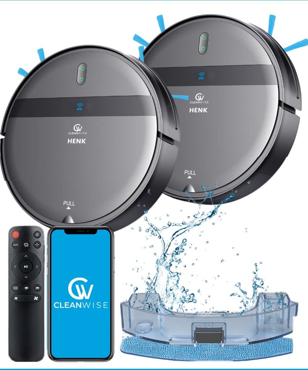 CleanWise Henk Duo Pack – 2× Robotstofzuiger met dweilfunctie en laadstation – 4500 Pa zuigkracht, app- en spraakbediening – ideaal voor huisdieren, harde vloeren & tapijt