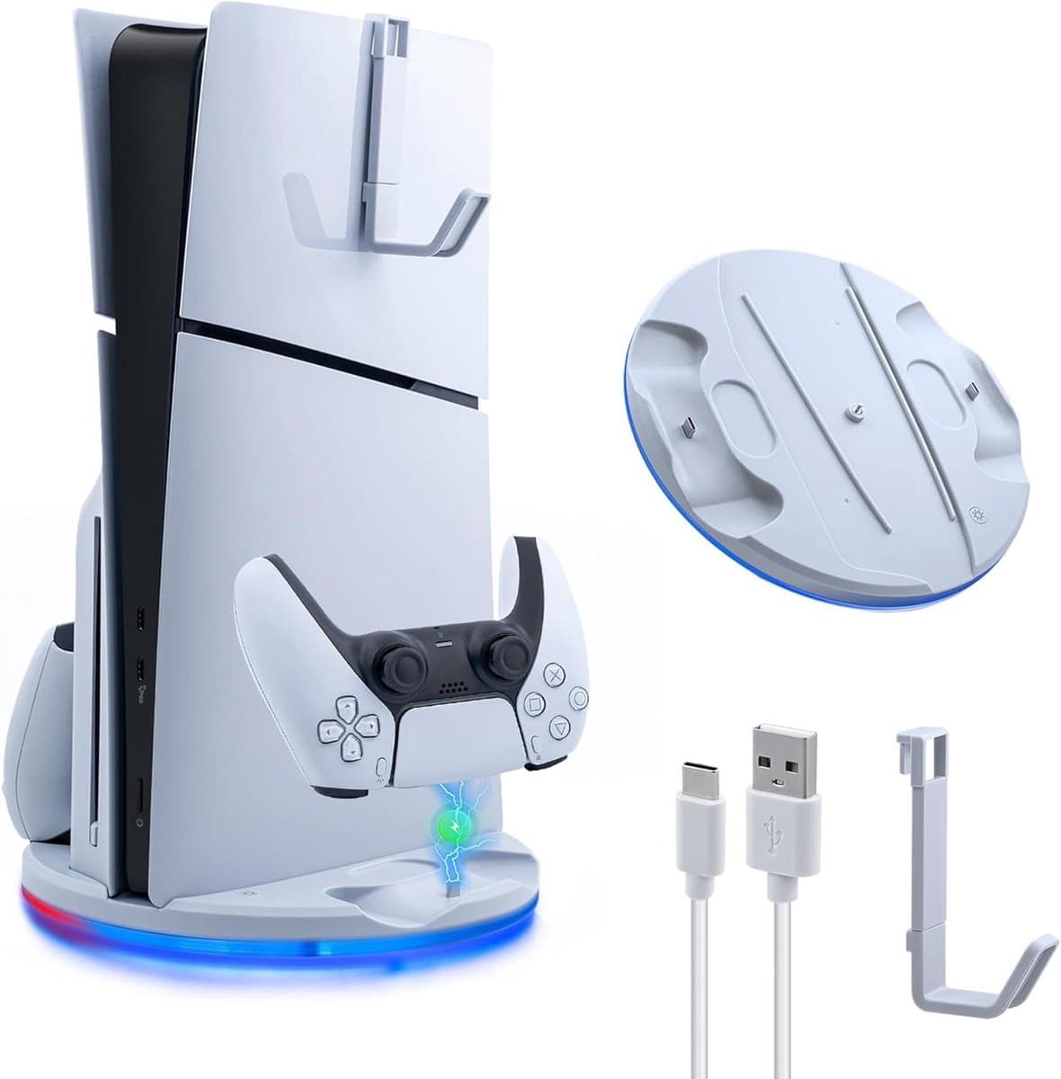 Vertical Display Stand with LED Ambient Light and Fast Dual Controller Charging for Playstation 5 Slim DE/UHD - White