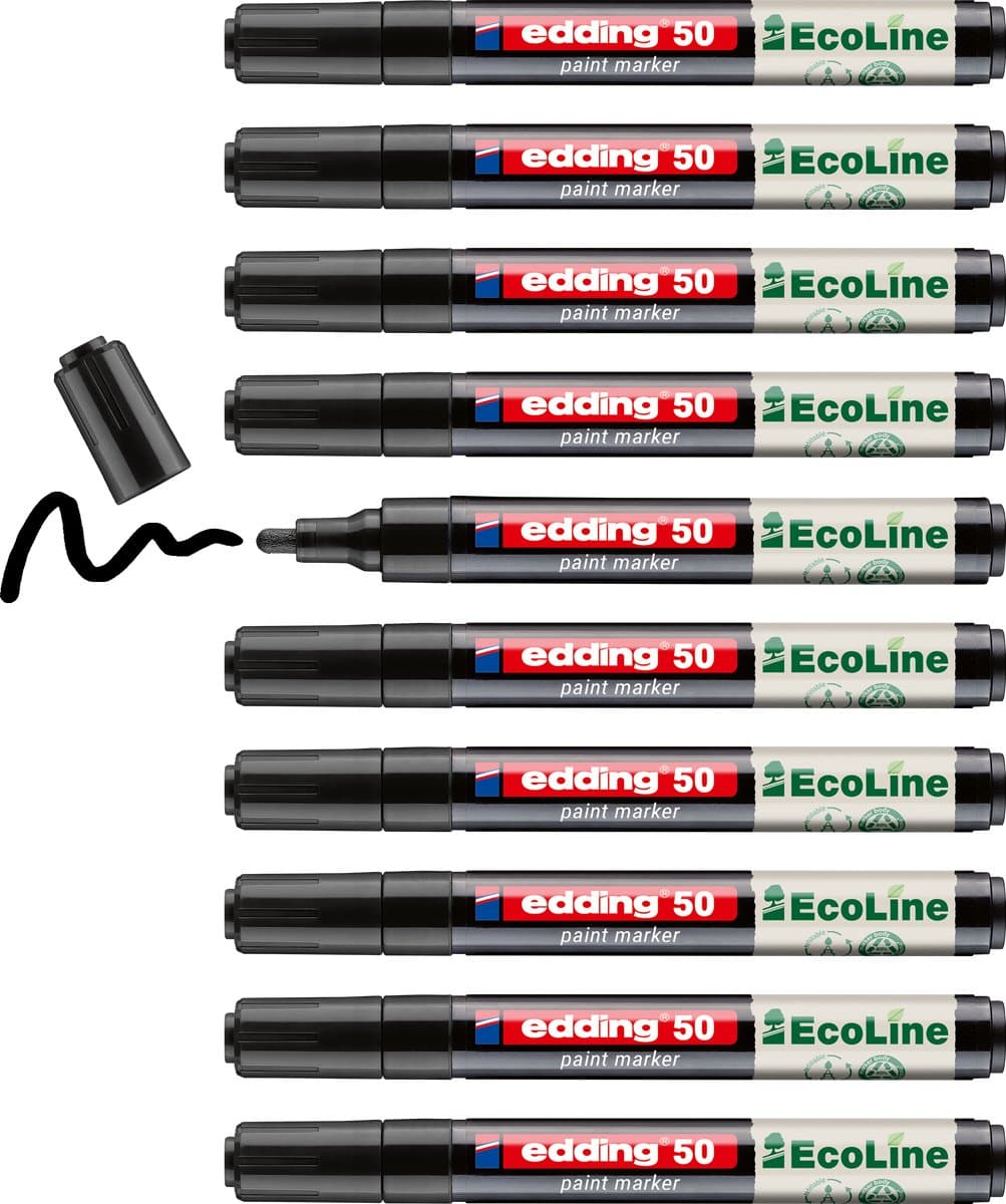 edding 50 EcoLine verfstfit op waterbasis zwart 10 stuks - ronde punt 2-3 mm - lakmarker met laag VOS-gehalte - navulbaar - geschikt voor o.a. gladde, donkere en transparante oppervlaktes