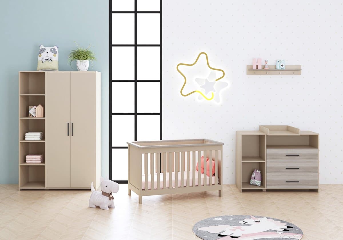 Born Lucky Mees Babykamer 3 Delig Compleet – Baby bed 60x120 cm – Commode – Kast – Clay