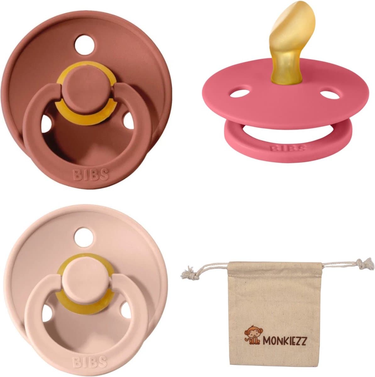 Bibs Dental fopspenen Anatomical 6-18 maanden- Set 3 stuks- Woodchuck, Blush, Coral- + Monkiezz speenzakje - orthodontisch- Anatomisch- Maat 2