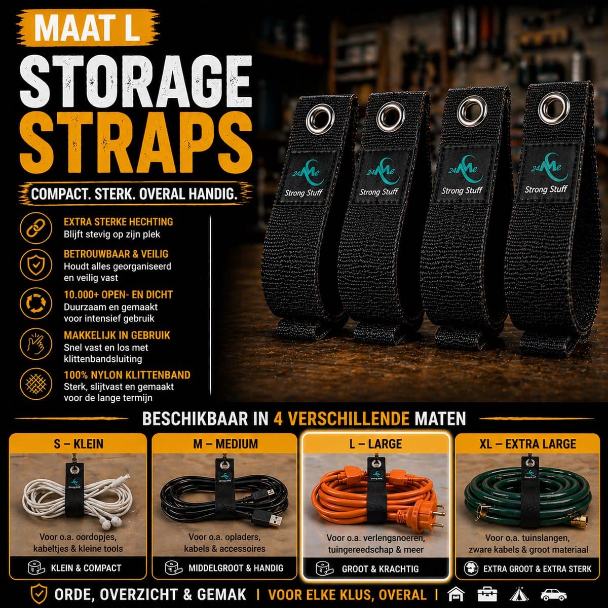 24ME® 4x Heavy Duty Storage Straps - Maat L - Klittenband Binders met Ring - Ultra Strong Velcro - Organizers - Slijtvast