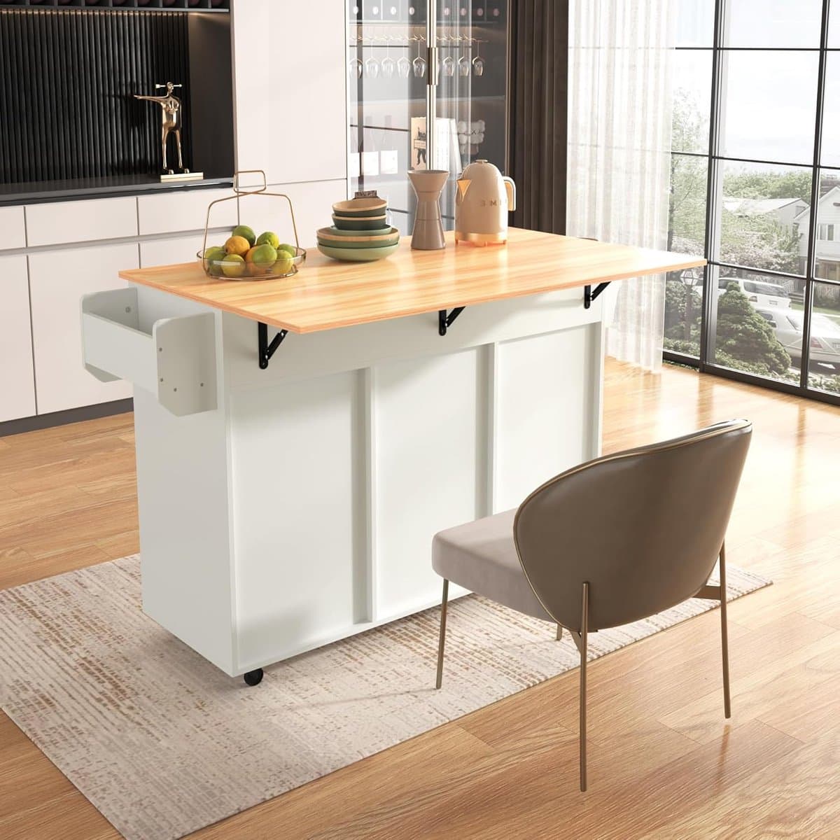 Keukeneiland Verrijdbaar met Inklapbaar Werkblad 129 x 71 x 91,5 cm – Mobiel Keuken Eiland / Keukentrolley met Laden, Opbergruimte, Massief Houten Poten & Wielen – Wit Modern Multifunctioneel