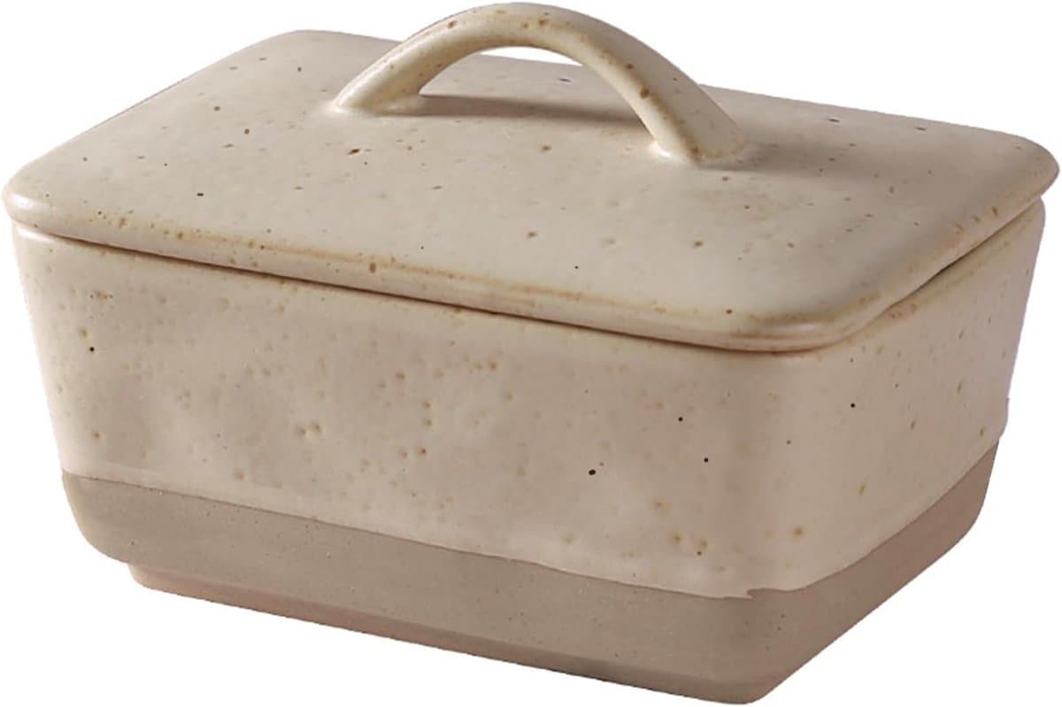Handgemaakte keramische boterpot met deksel, rechthoekige bewaardoos voor 250g/500g boter, ideaal voor koelkast en eettafel, vintage uitstraling, 350ml inhoud